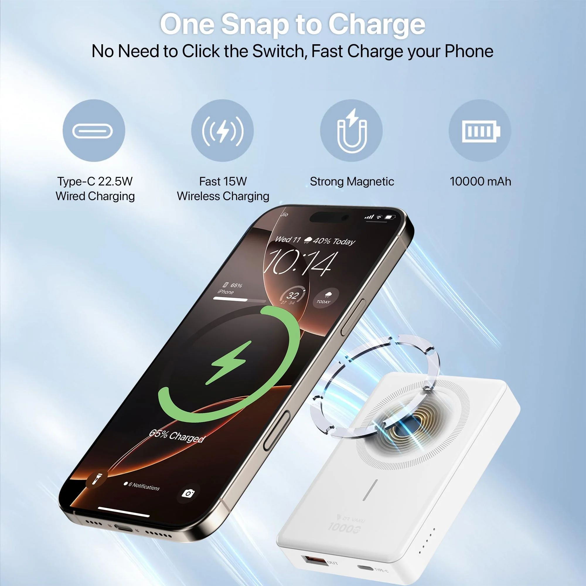 Vaku® Cylix MagPro 10000mAh Magnetic Wireless Power Bank Type C 15W Fast Charging Lithium Polymer Battery - Image 6