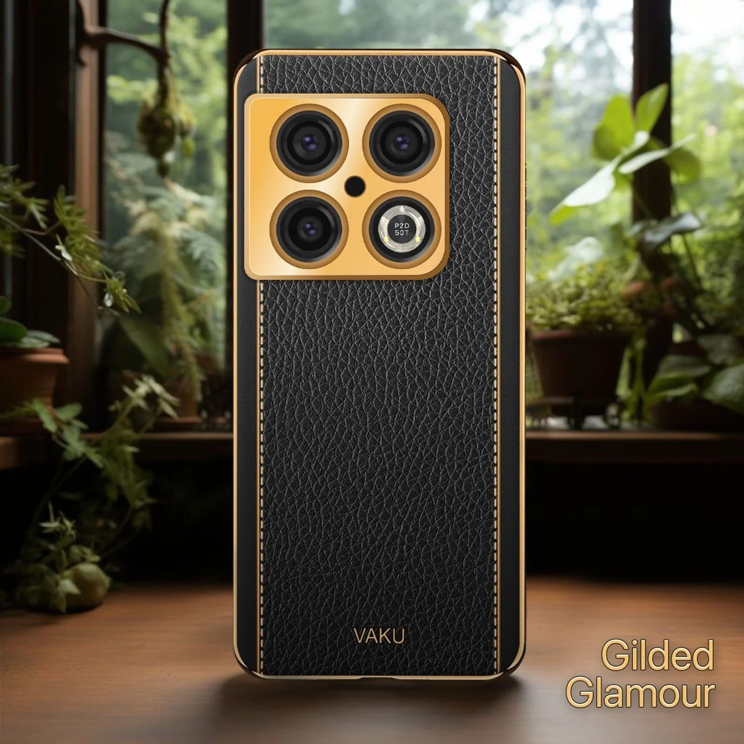 Vaku® OnePlus 10 Pro Luxemberg Series Leather Stitched Gold Electroplated Soft TPU Back Cover