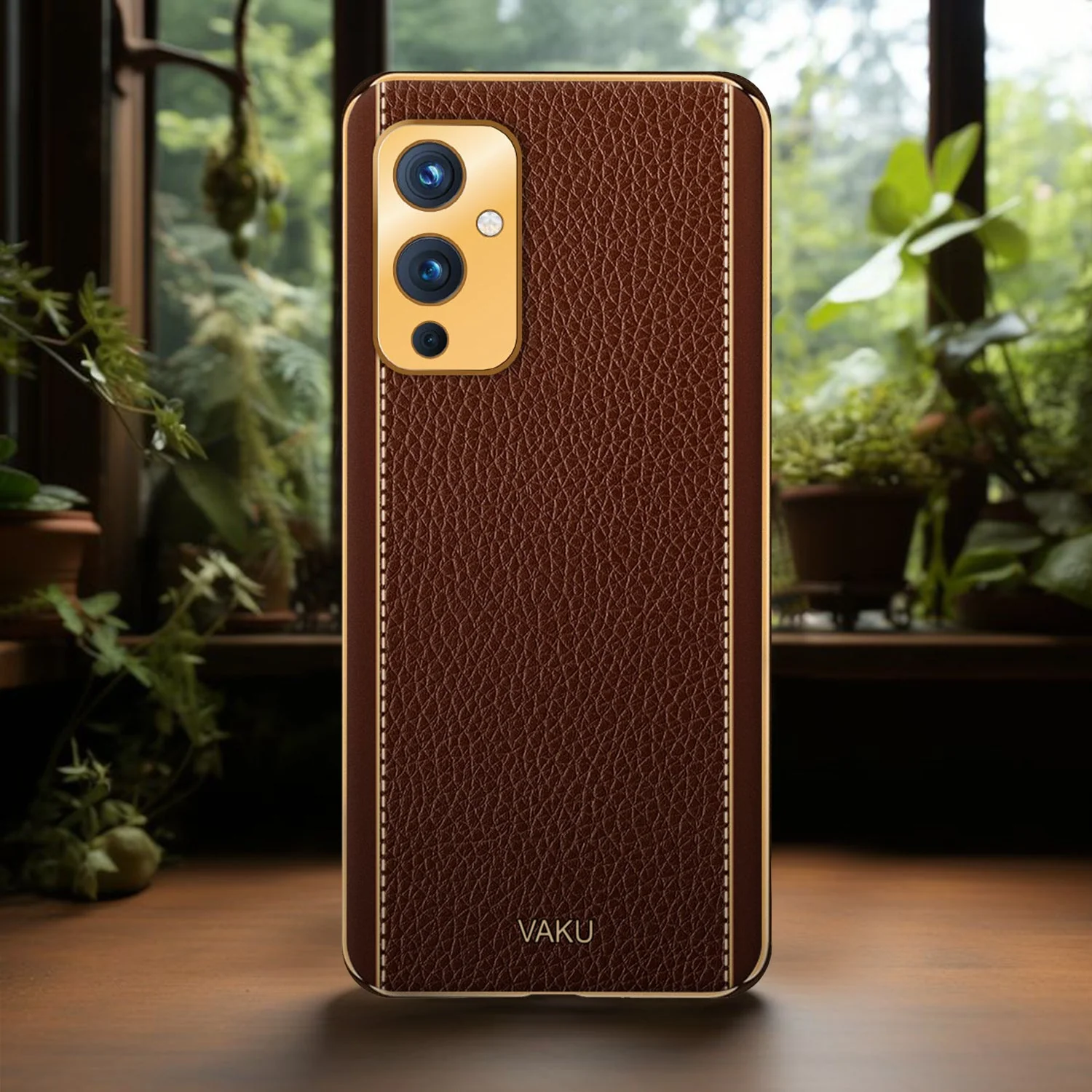Vaku® OnePlus 9 Luxemberg Series Leather Stitched Gold Electroplated Soft TPU Back Cover - Image 10