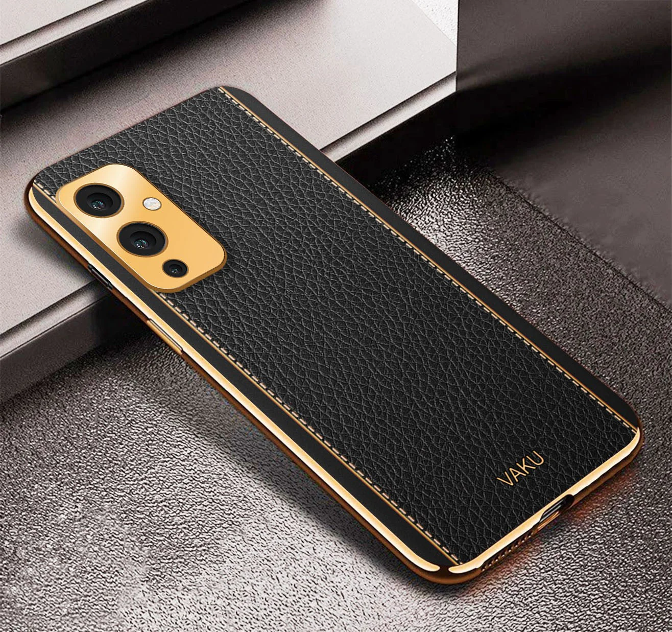 Vaku® OnePlus 9 Luxemberg Series Leather Stitched Gold Electroplated Soft TPU Back Cover - Image 13