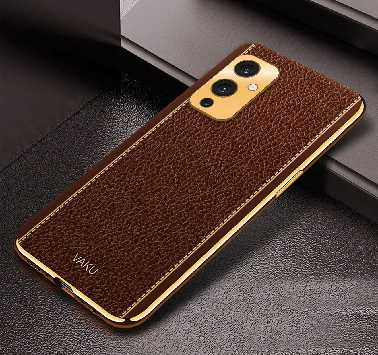 Vaku® OnePlus 9 Luxemberg Series Leather Stitched Gold Electroplated Soft TPU Back Cover - Image 14
