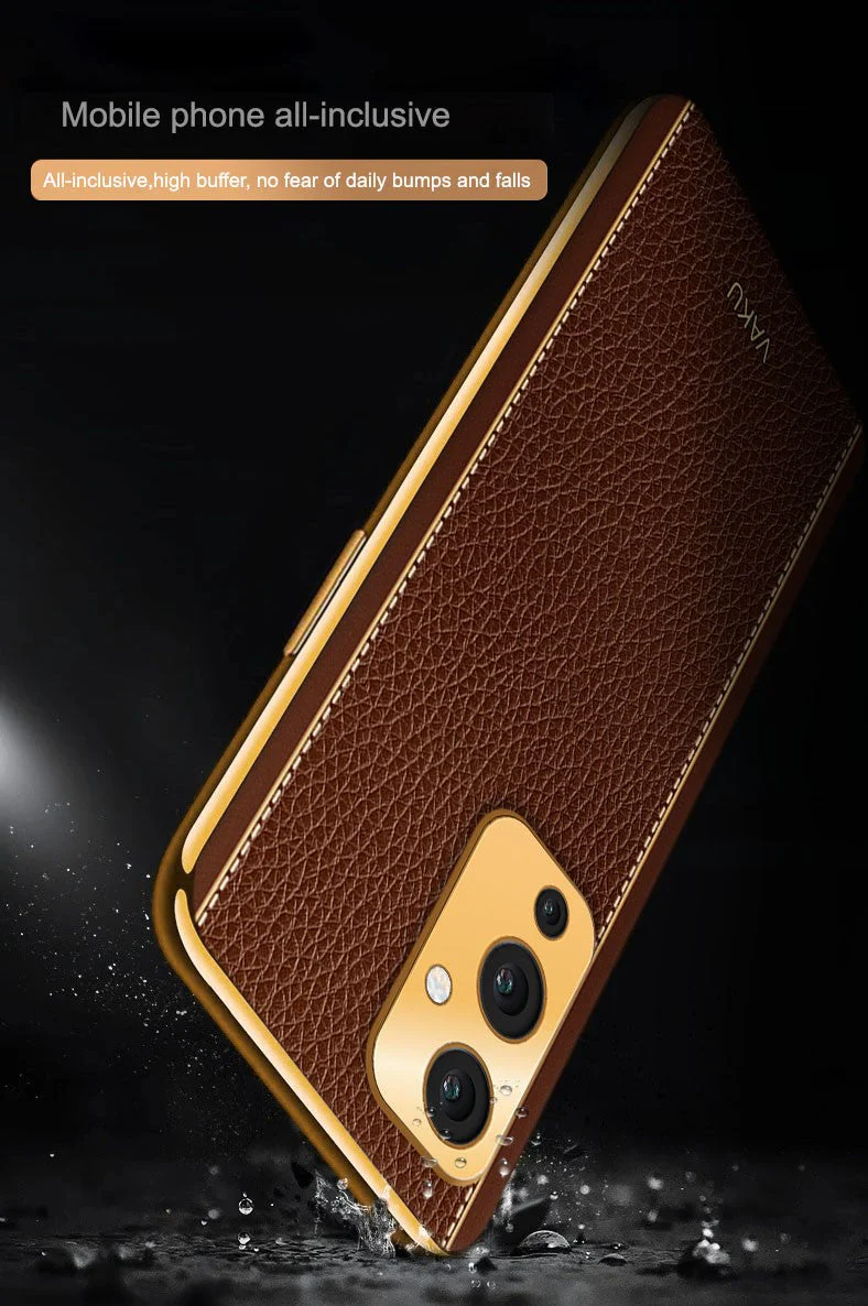 Vaku® OnePlus 9 Luxemberg Series Leather Stitched Gold Electroplated Soft TPU Back Cover - Image 5