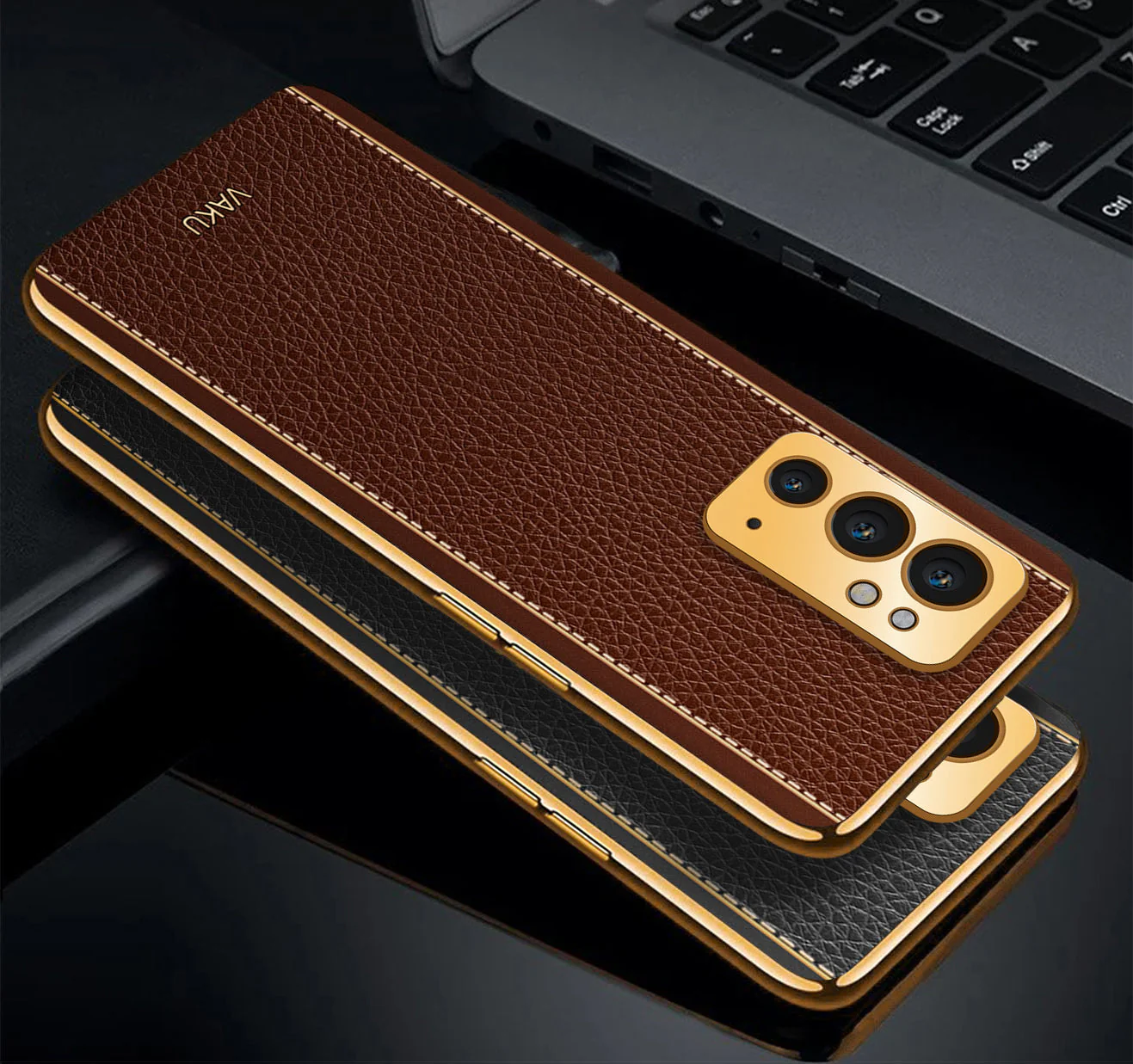 Vaku® OnePlus 9RT Luxemberg Series Leather Stitched Gold Electroplated Soft TPU Back Cover - Image 10