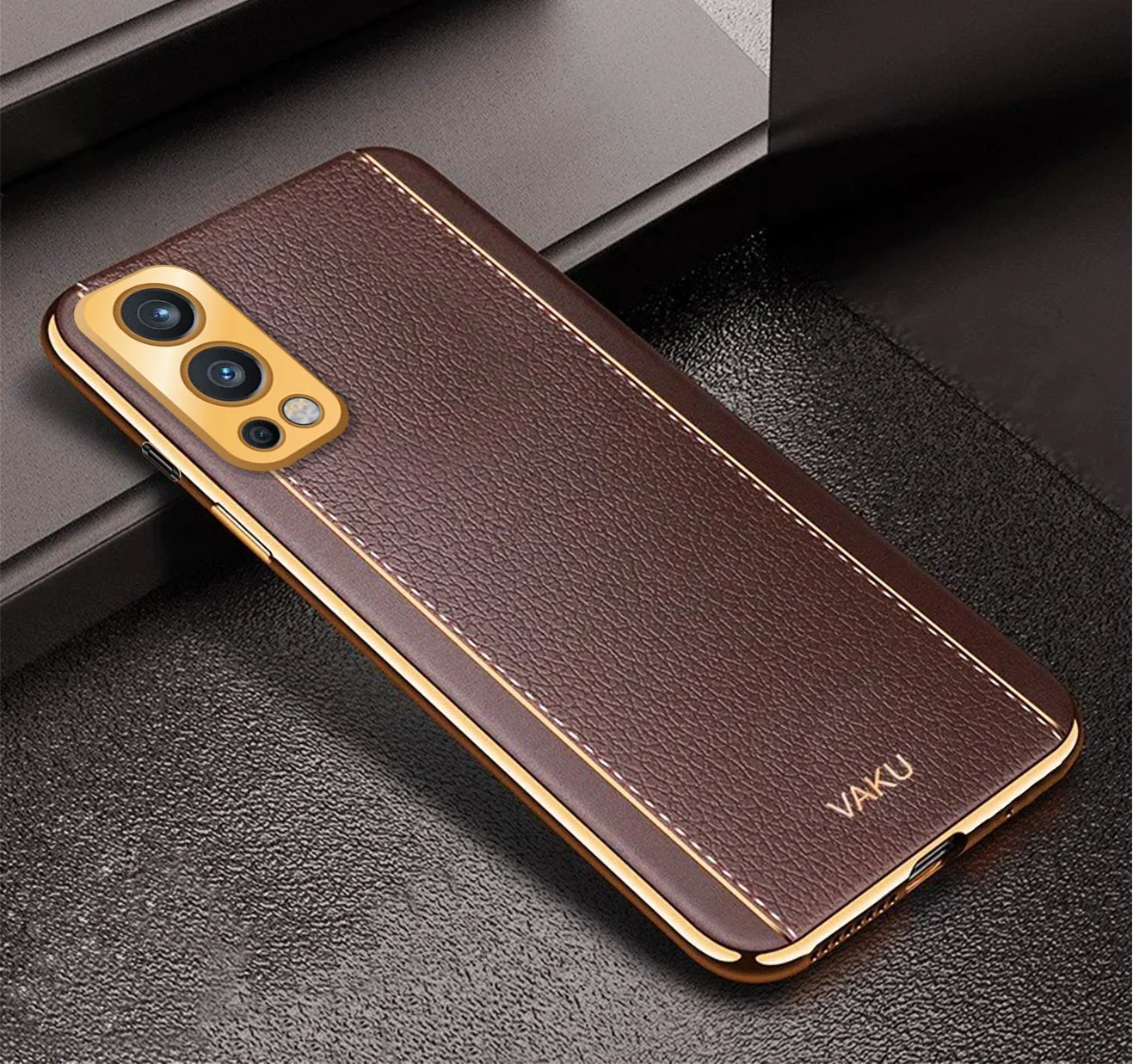 Vaku® Oneplus Nord 2 Luxemberg Series Leather Stitched Gold Electroplated Soft TPU Back Cover