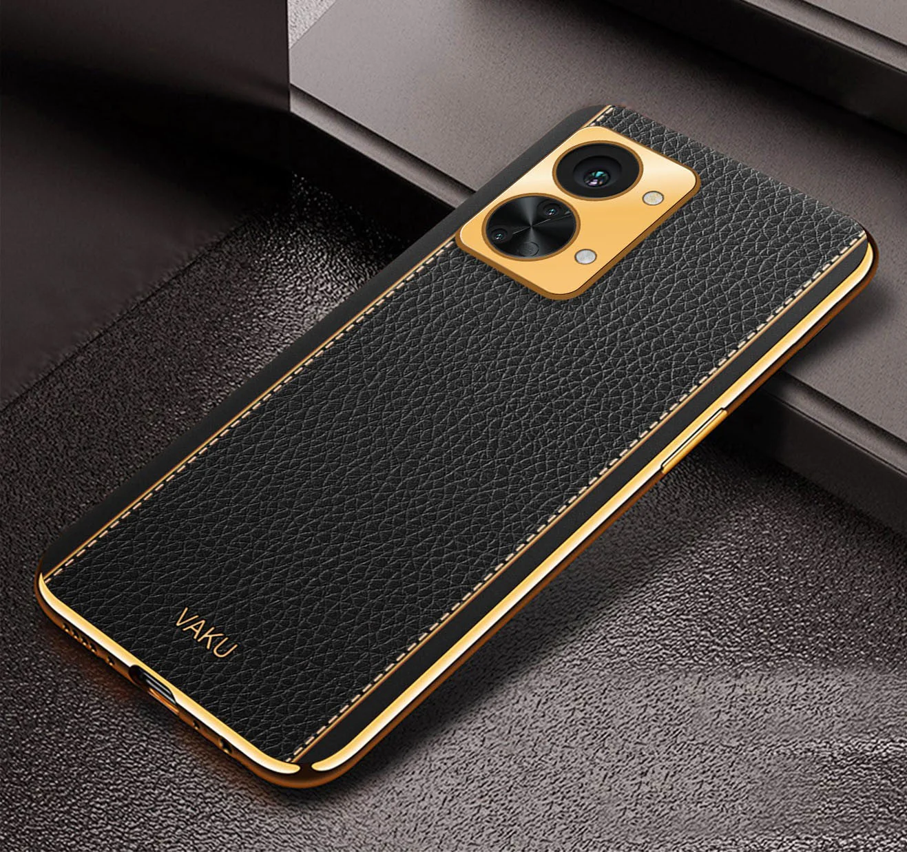 Vaku® OnePlus Nord 2T 5G Luxemberg Series Leather Stitched Gold Electroplated Soft TPU Back Cover - Image 2