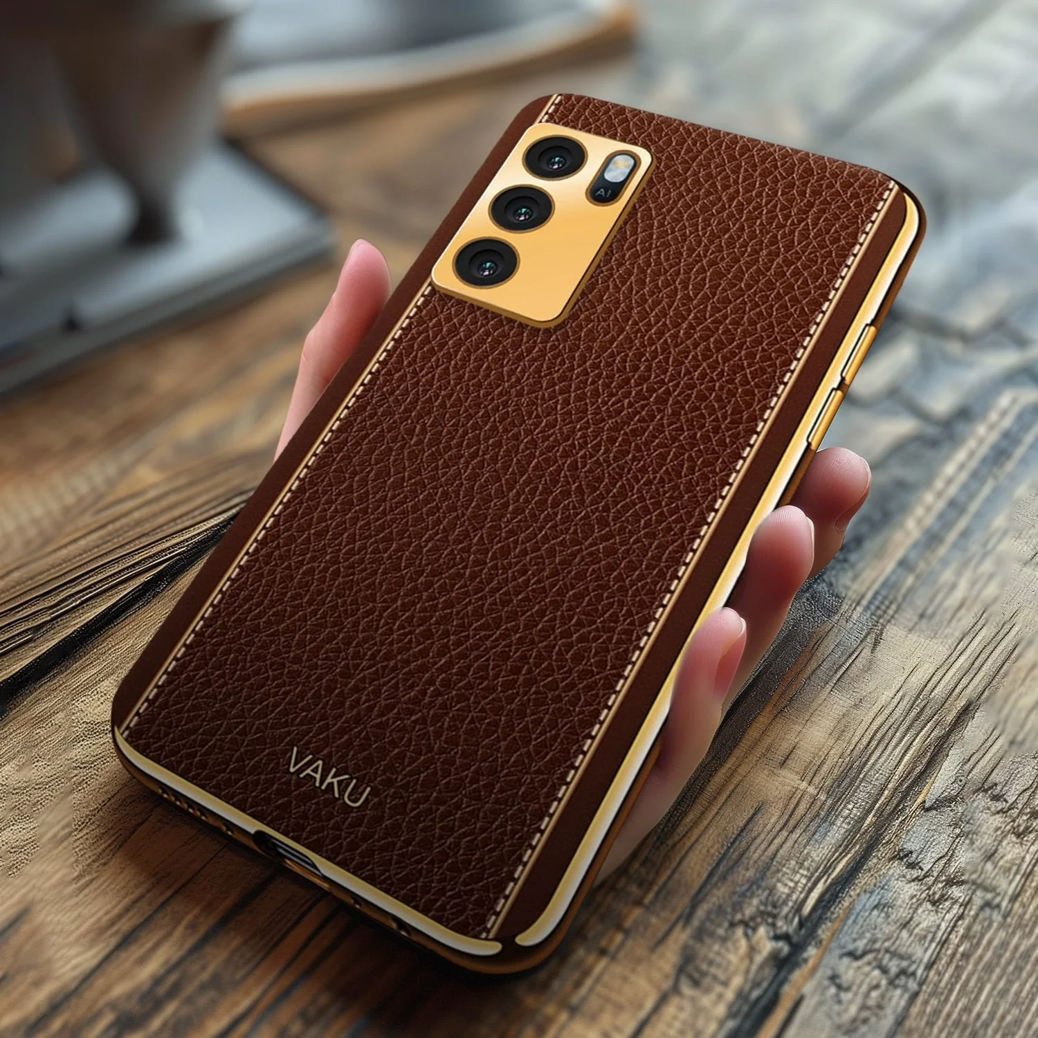 Vaku® Oppo A16 Luxemberg Series Leather Stitched Gold Electroplated Soft TPU Back Cover