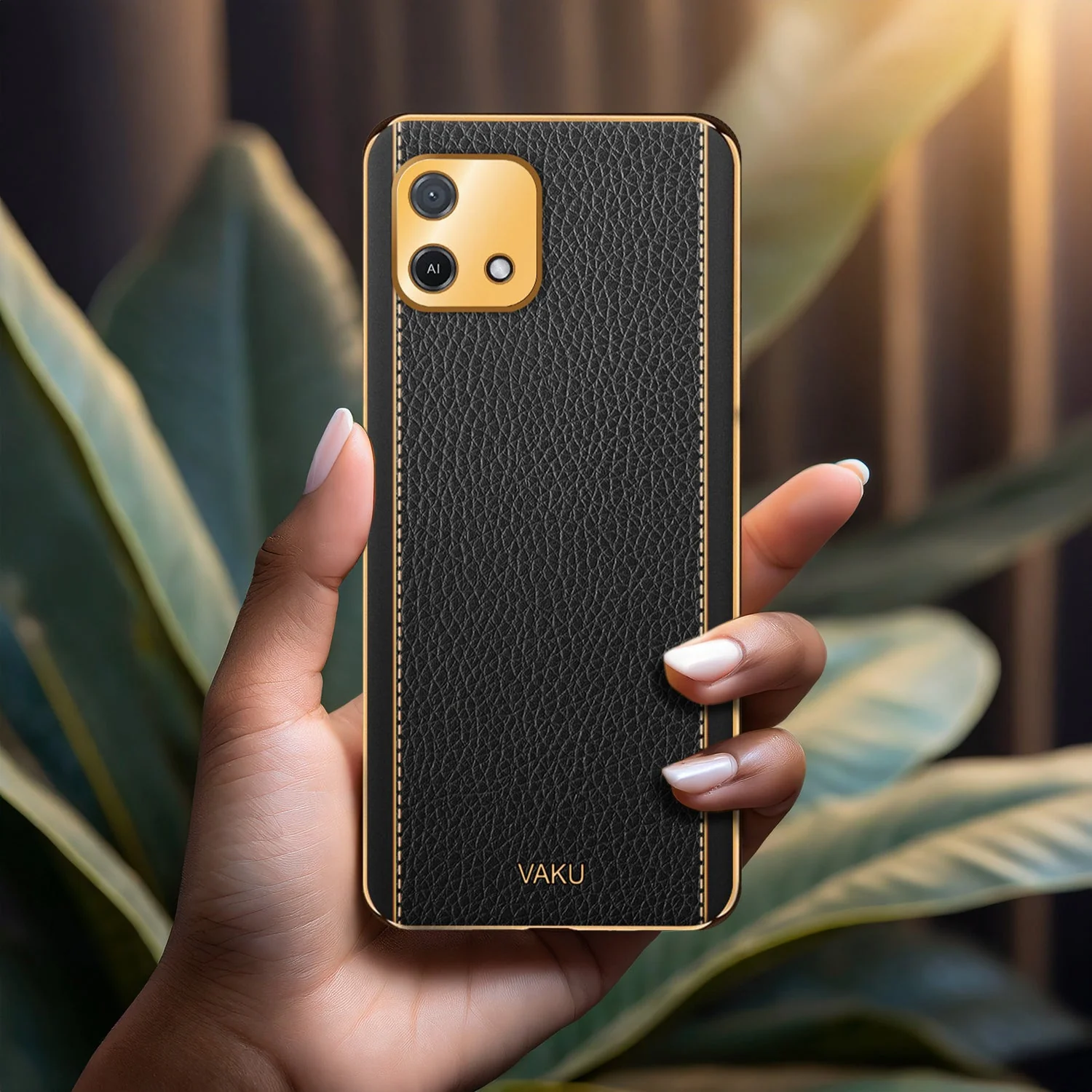 Vaku® Oppo A16e Luxemberg Series Leather Stitched Gold Electroplated Soft TPU Back Cover - Image 11