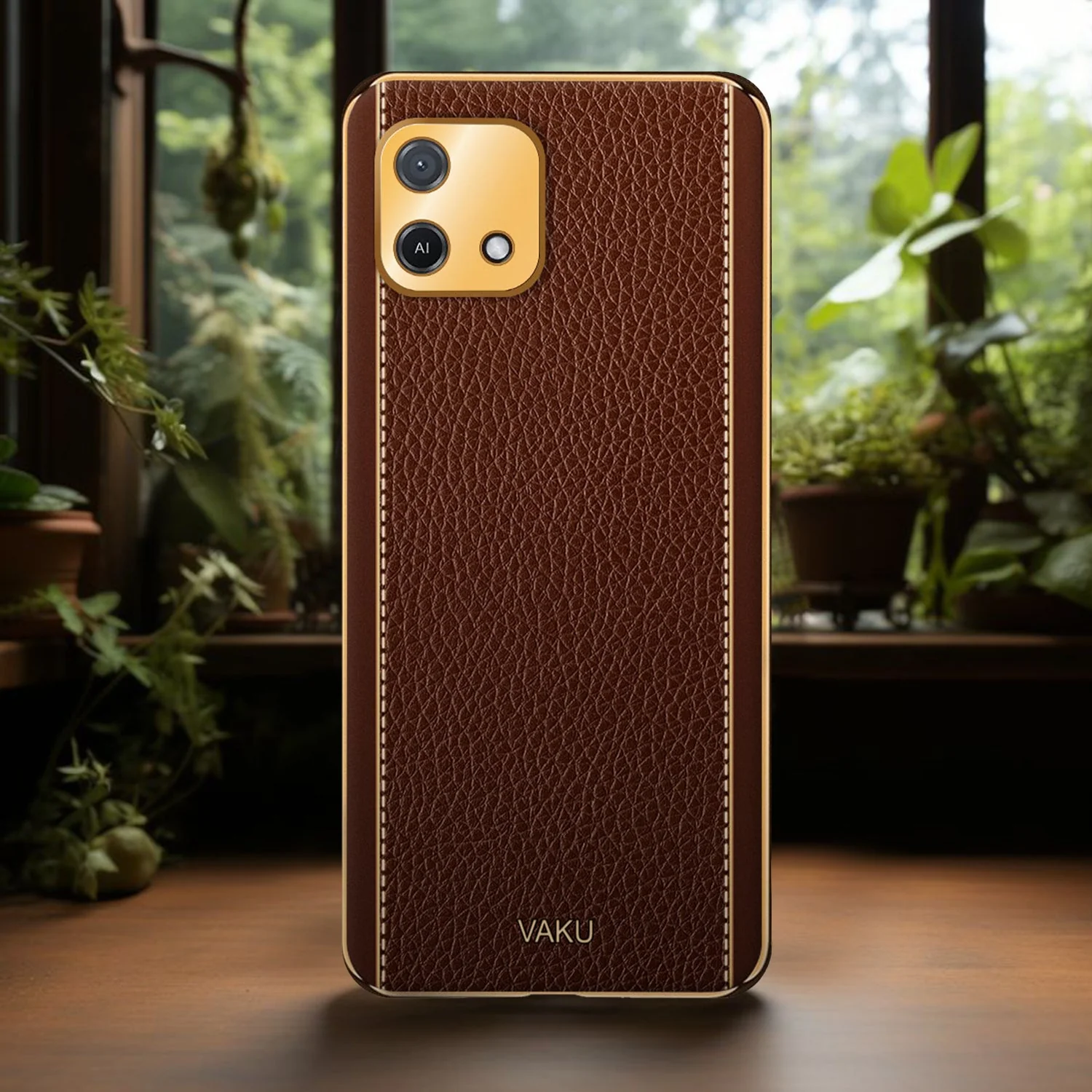 Vaku® Oppo A16e Luxemberg Series Leather Stitched Gold Electroplated Soft TPU Back Cover - Image 12