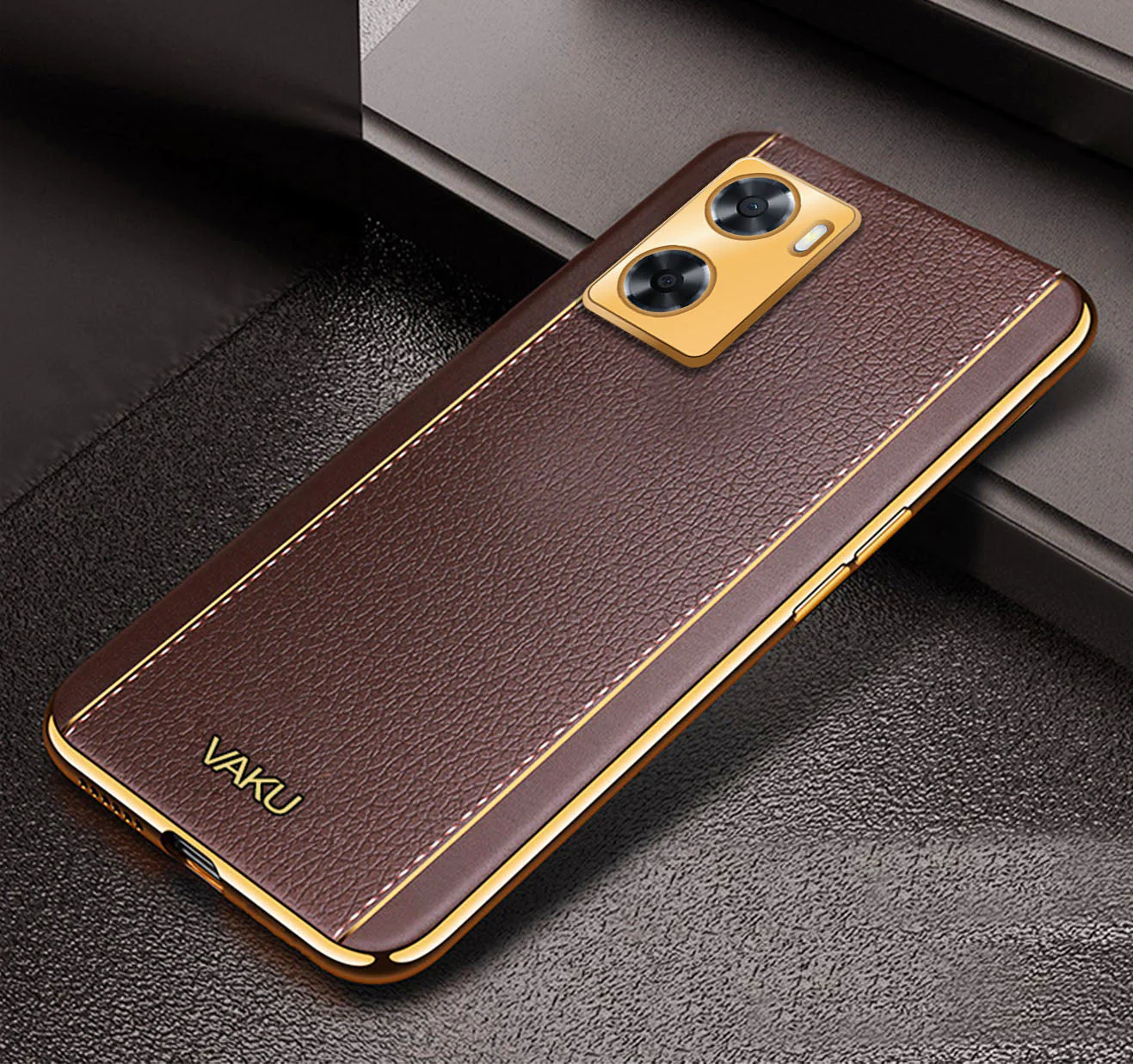 Vaku® Oppo A57 Luxemberg Series Leather Stitched Gold Electroplated Soft TPU Back Cover