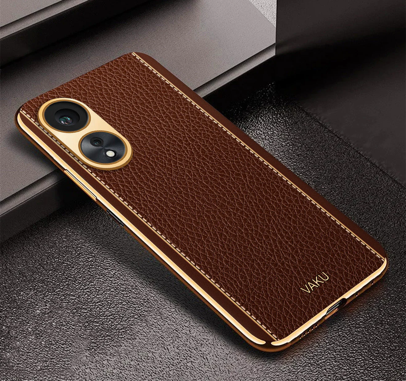 Vaku® Oppo A58 4G Luxemberg Leather Pattern Gold Electroplated Soft TPU Back Cover - Image 5