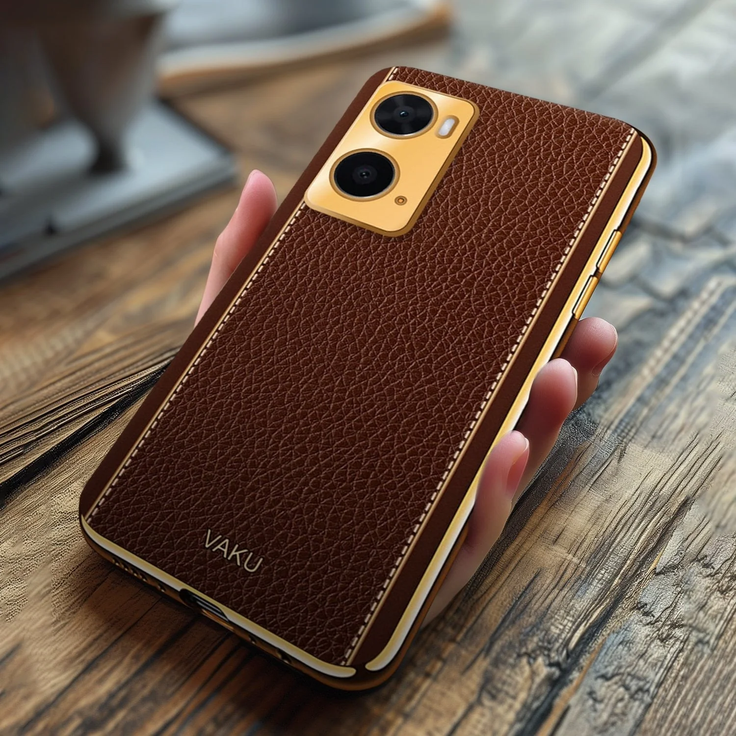 Vaku® Oppo A96 Luxemberg Series Leather Stitched Gold Electroplated Soft TPU Back Cover