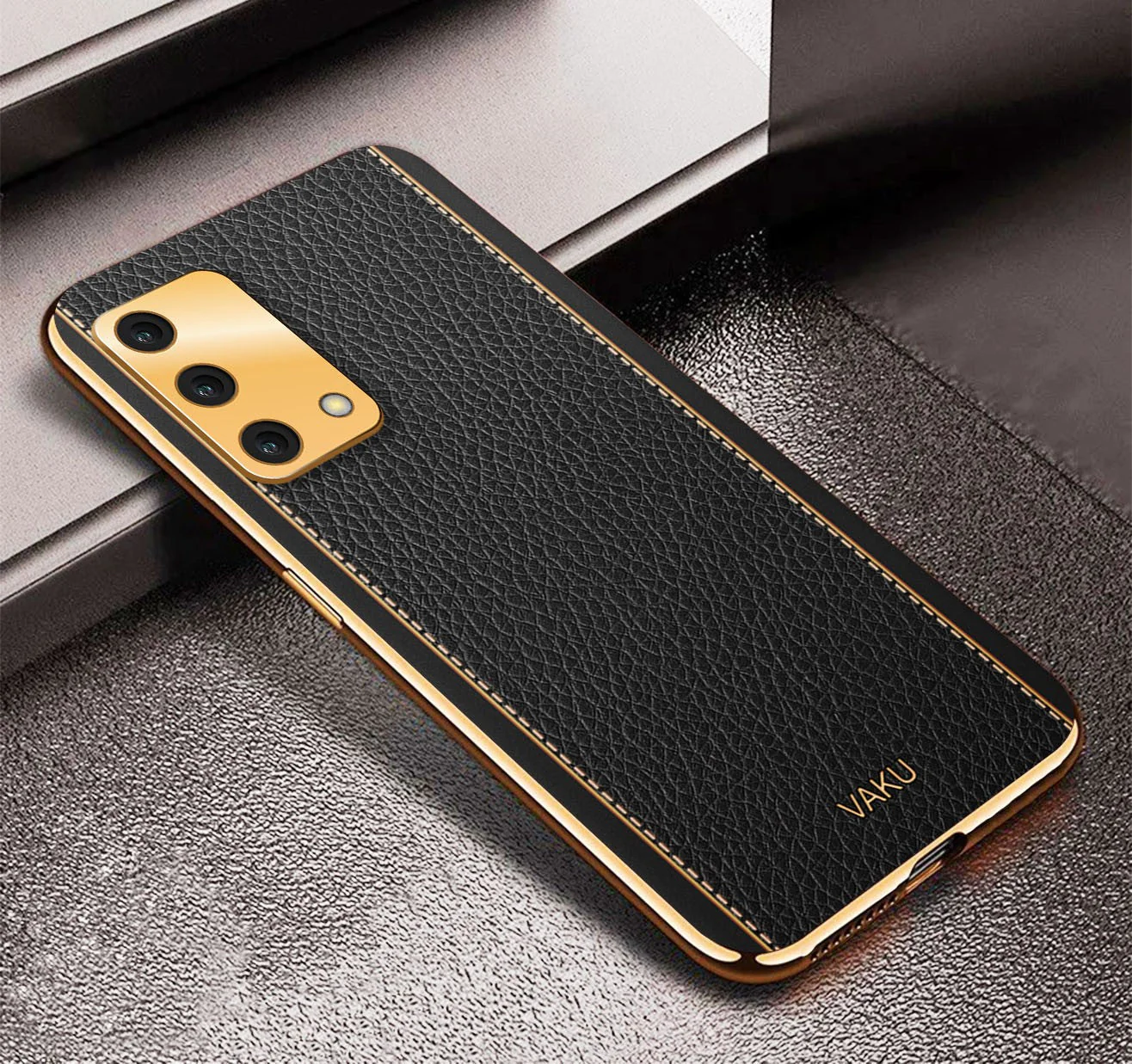 Vaku® Oppo F19s Luxemberg Series Leather Stitched Gold Electroplated Soft TPU Back Cover - Image 7