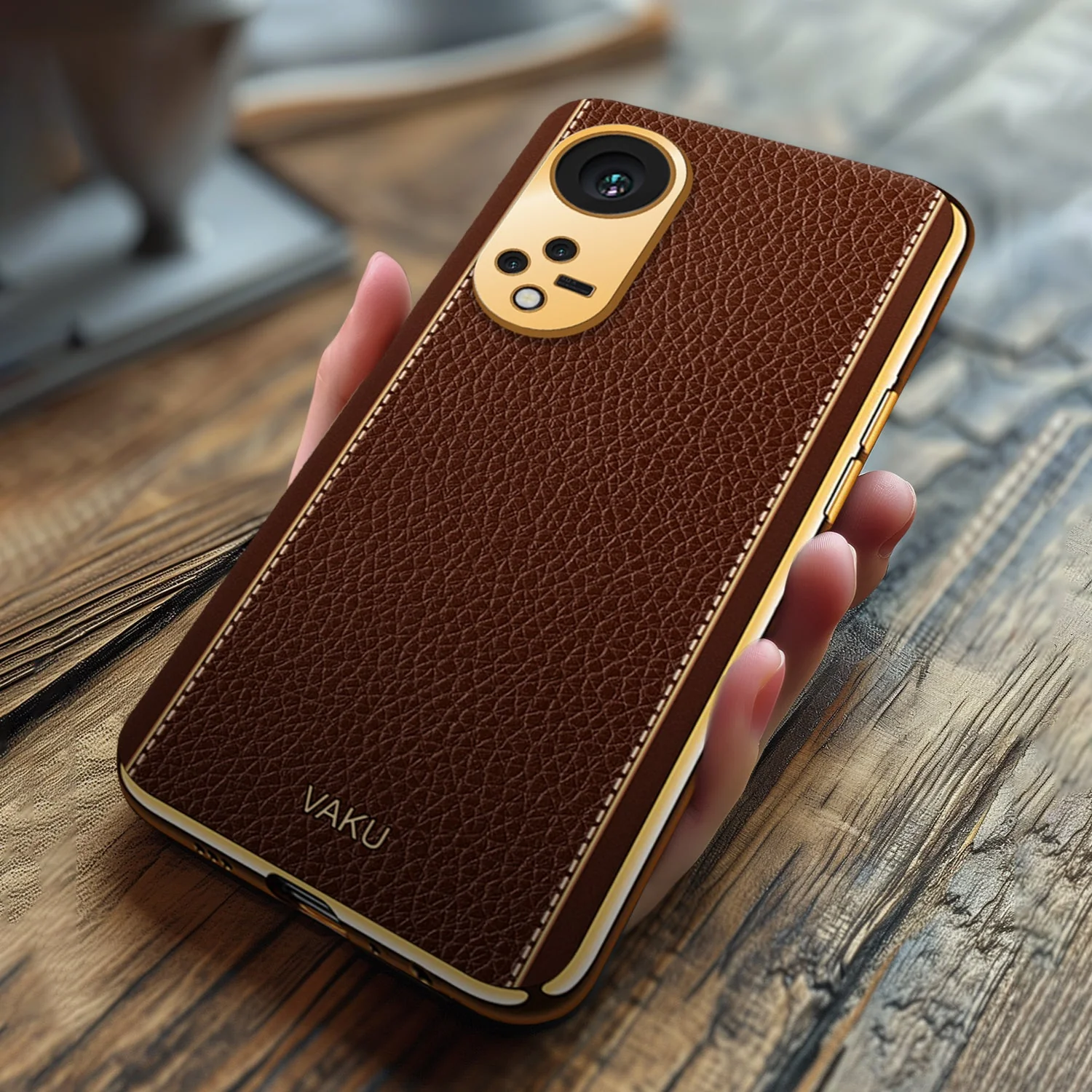 Vaku® Oppo Reno8T 5G Luxemberg Series Leather Stitched Gold Electroplated Soft TPU Back Cover