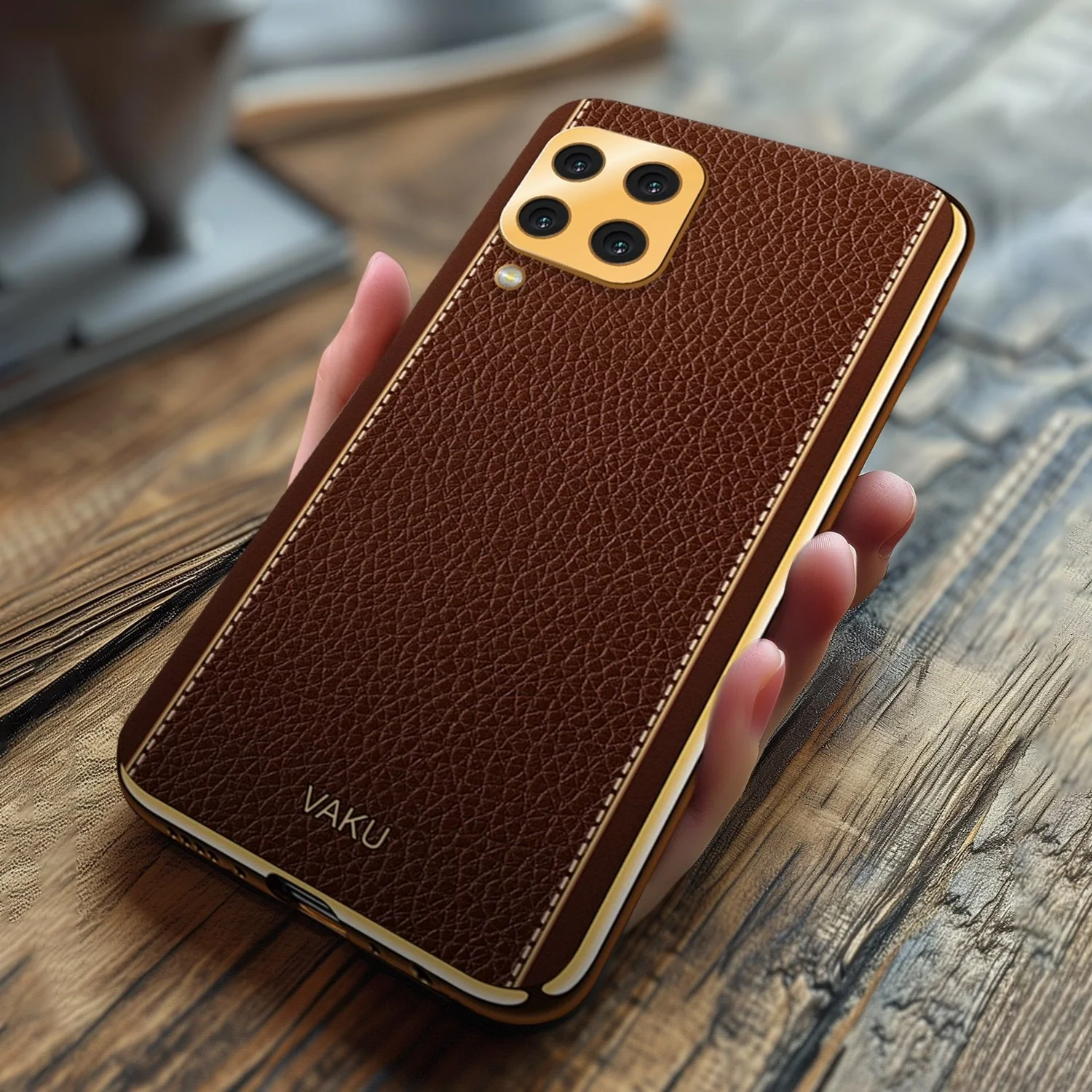 Vaku® Samsung Galaxy A22 4G Luxemberg Series Leather Stitched Gold Electroplated Soft TPU Back Cover