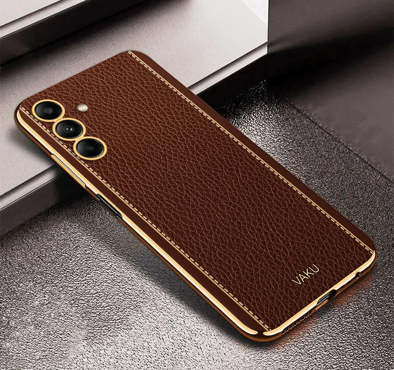Vaku® Samsung Galaxy A54 Luxemberg Series Leather Stitched Gold Electroplated Soft TPU Back Cover - Image 12