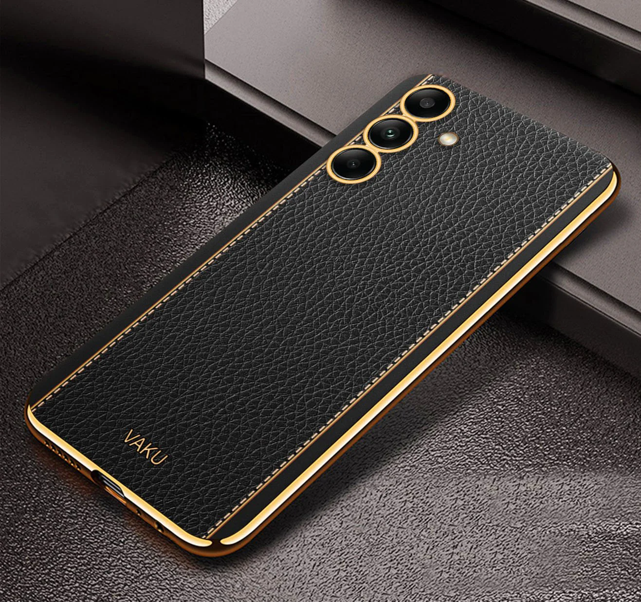Vaku® Samsung Galaxy A54 Luxemberg Series Leather Stitched Gold Electroplated Soft TPU Back Cover - Image 13