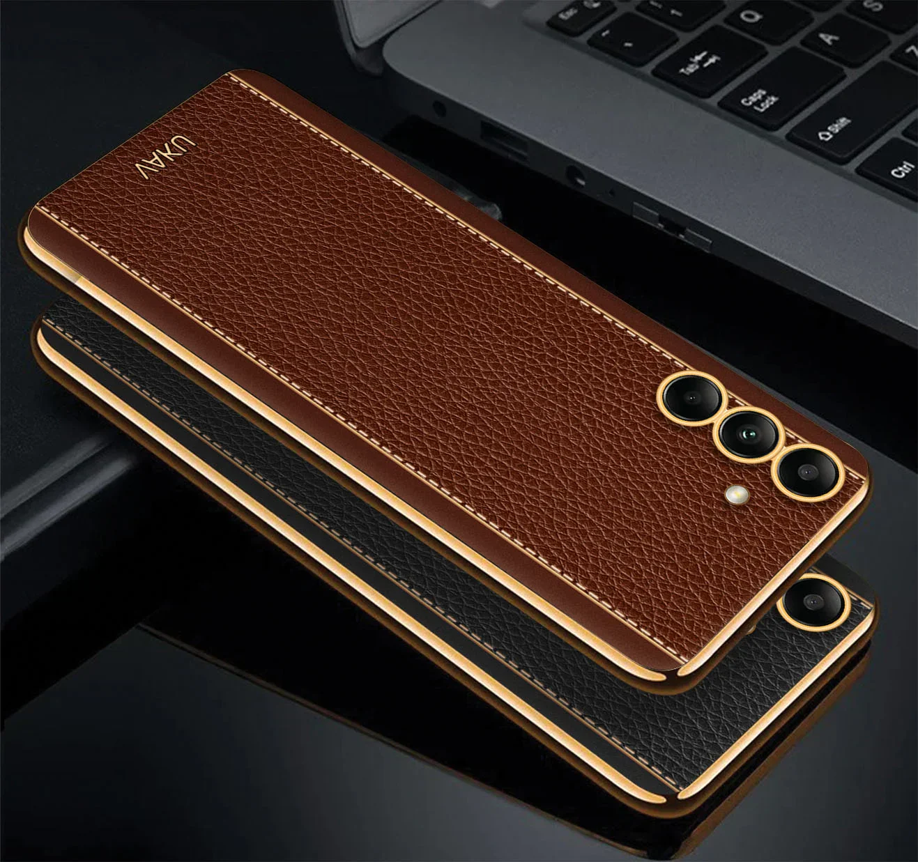 Vaku® Samsung Galaxy A54 Luxemberg Series Leather Stitched Gold Electroplated Soft TPU Back Cover - Image 14