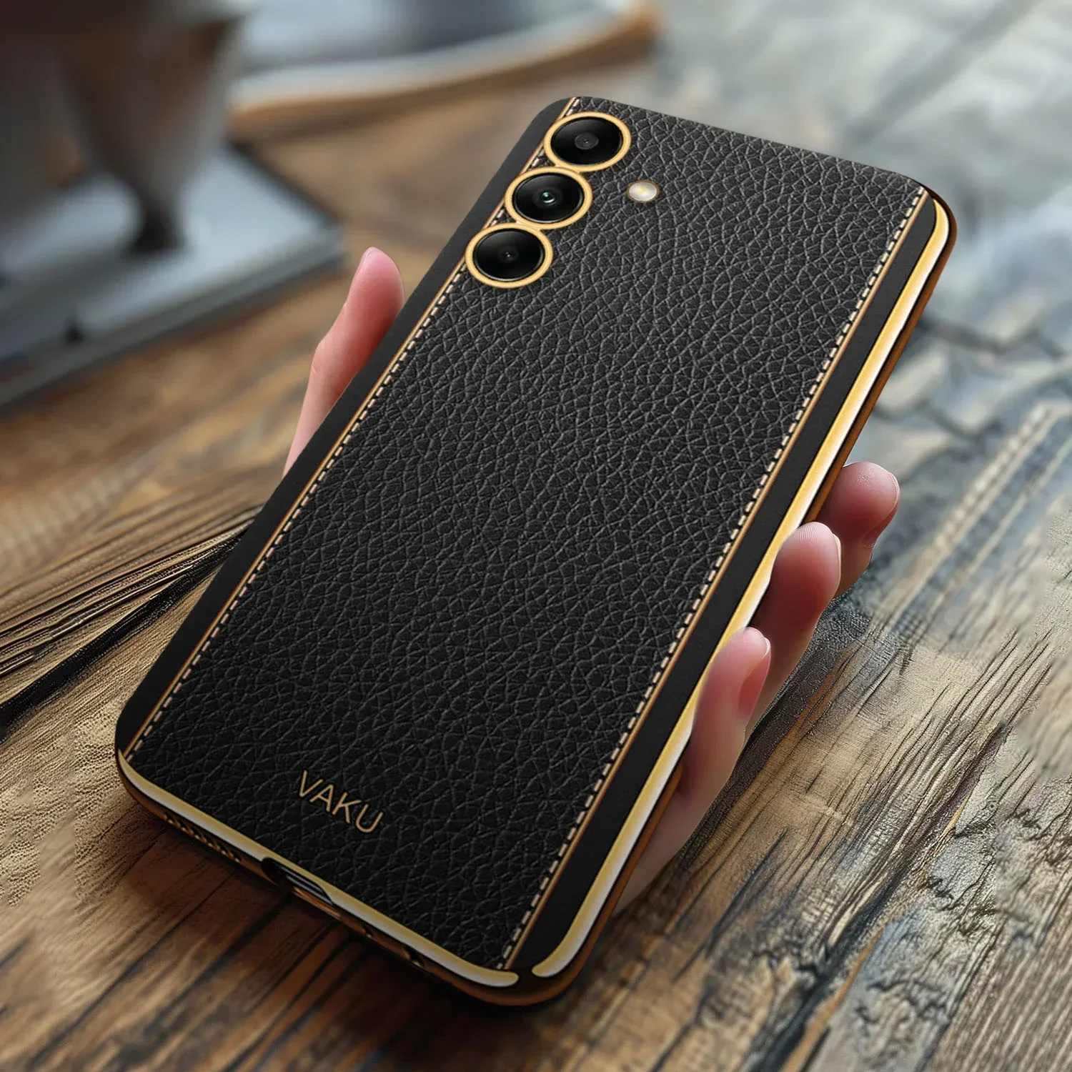 Vaku® Samsung Galaxy A54 Luxemberg Series Leather Stitched Gold Electroplated Soft TPU Back Cover - Image 15