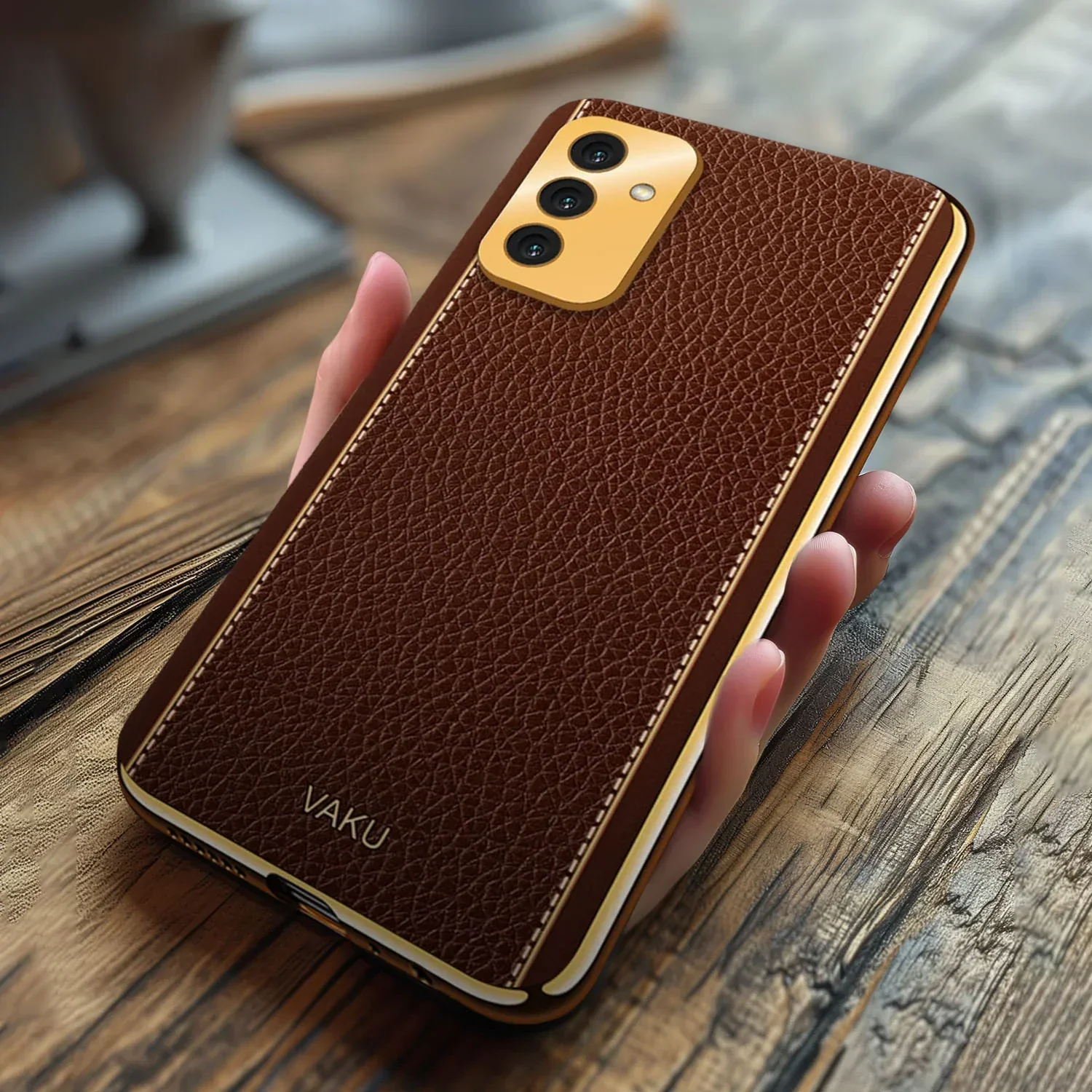 Vaku® Samsung Galaxy F13 Luxemberg Series Leather Stitched Gold Electroplated Soft TPU Back Cover - Image 17