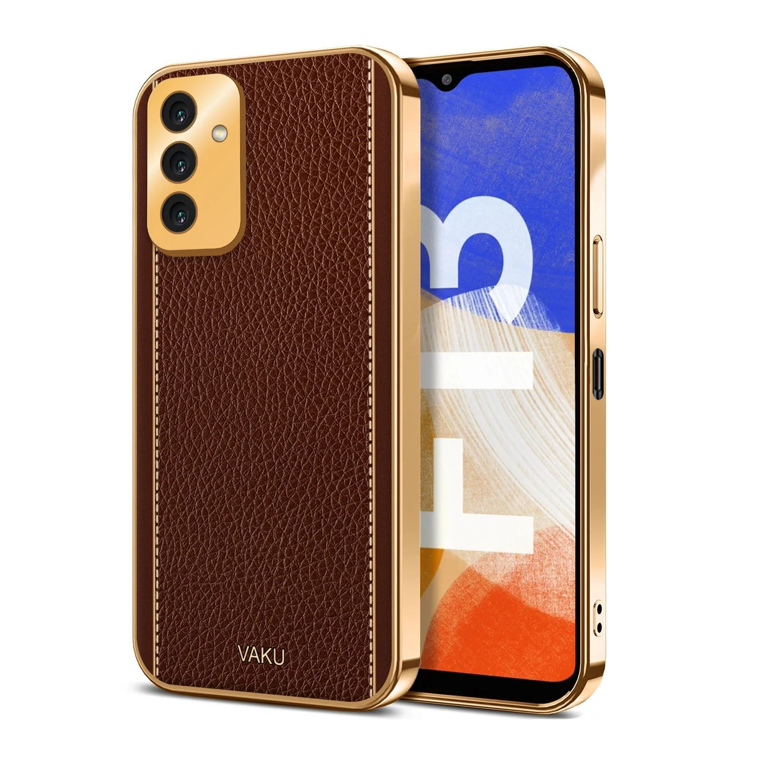 Vaku® Samsung Galaxy F13 Luxemberg Series Leather Stitched Gold Electroplated Soft TPU Back Cover - Image 4