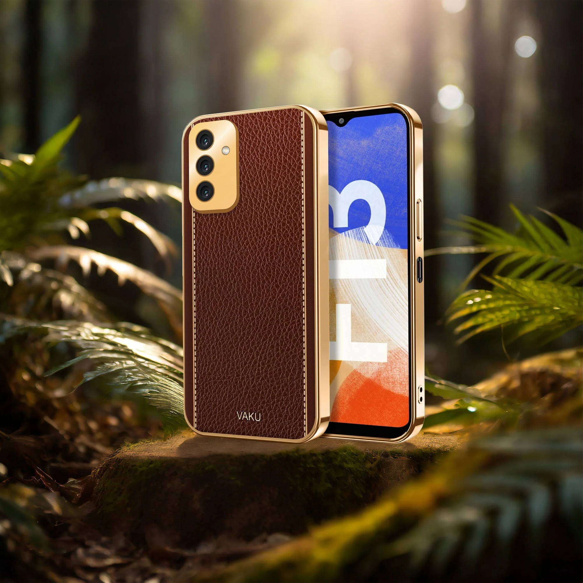 Vaku® Samsung Galaxy F13 Luxemberg Series Leather Stitched Gold Electroplated Soft TPU Back Cover - Image 5