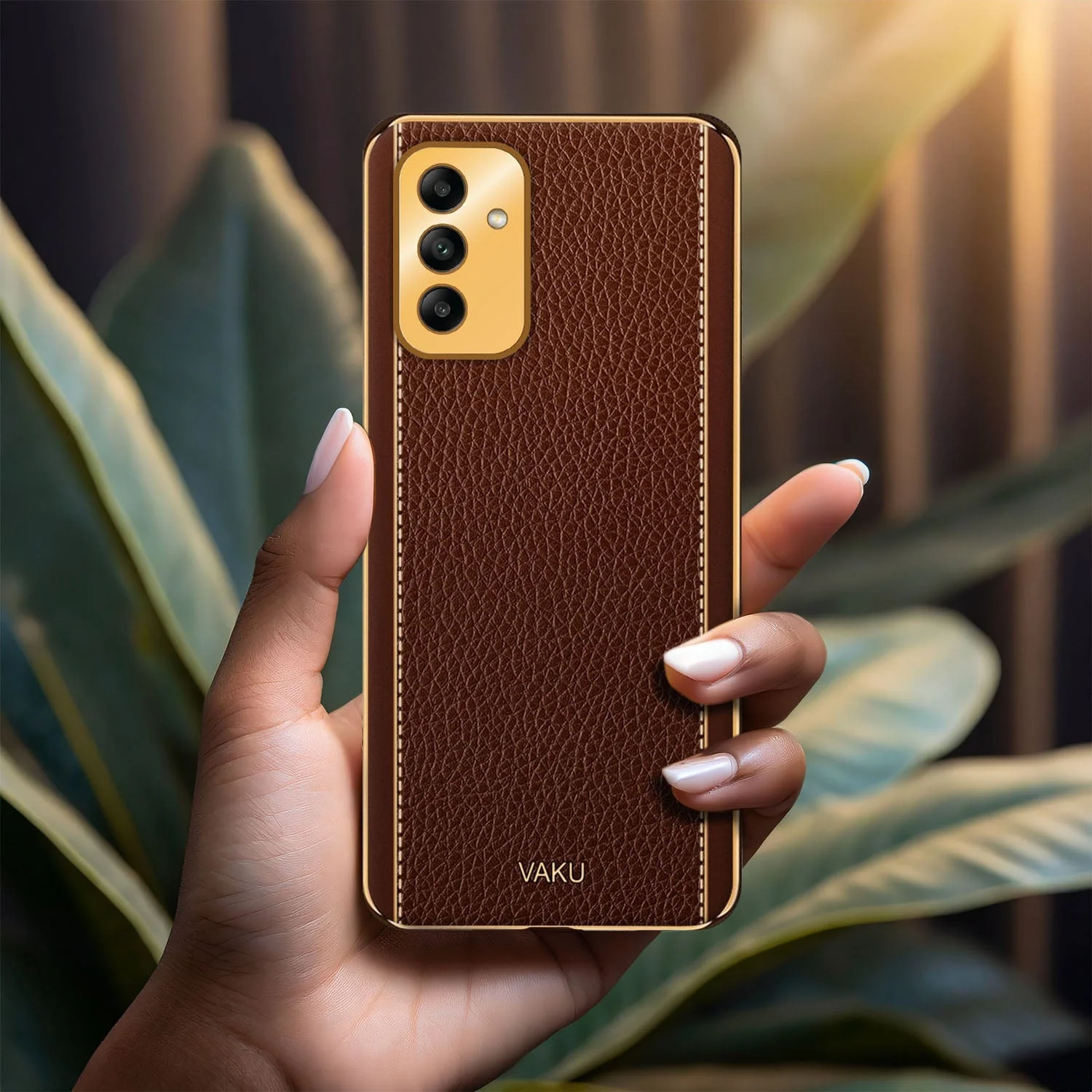 Vaku® Samsung Galaxy F13 Luxemberg Series Leather Stitched Gold Electroplated Soft TPU Back Cover - Image 7