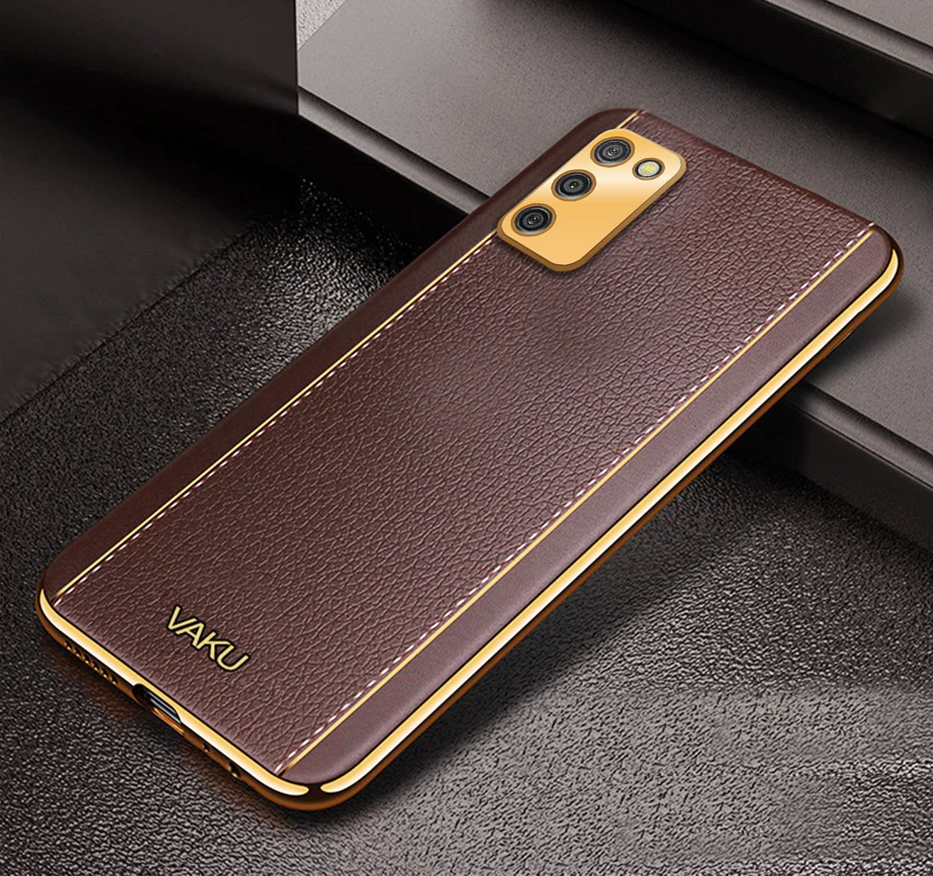 Vaku® Samsung Galaxy M02s Luxemberg Leather Stitched Gold Electroplated Soft TPU Back Cover