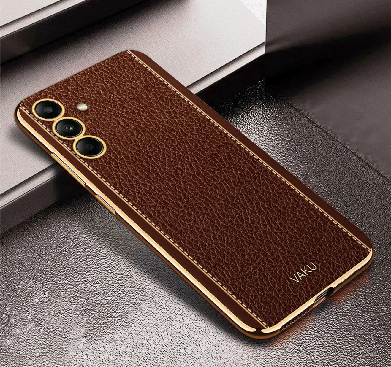 Vaku® Samsung Galaxy M14 5G Luxemberg Leather Pattern Gold Electroplated Soft TPU Back Cover - Image 2