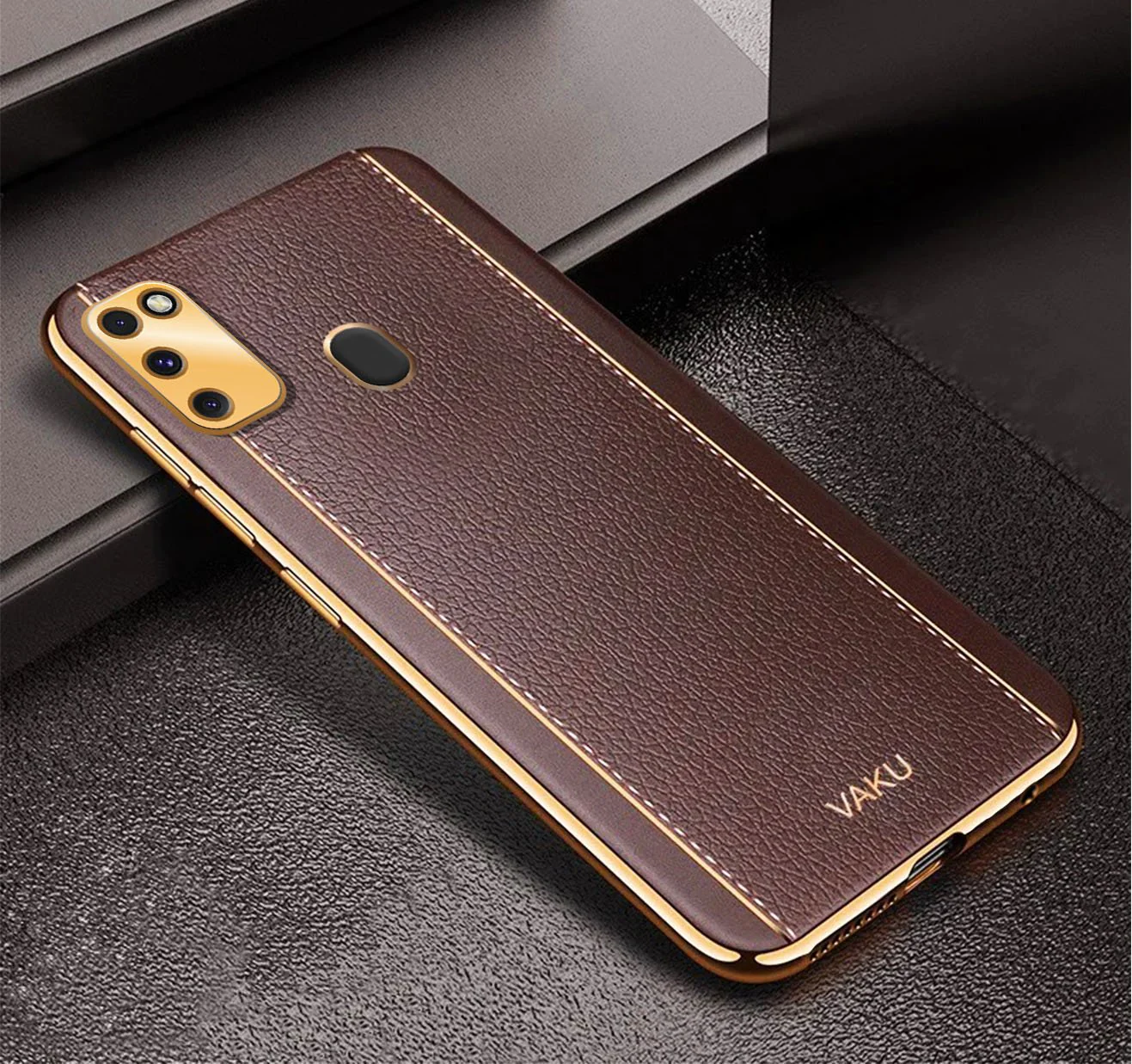 Vaku® Samsung Galaxy M30S Luxemberg Series Leather Stitched Gold Electroplated Soft TPU Back Cover