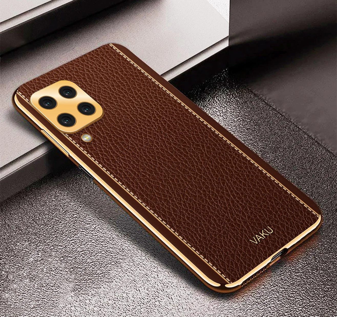 Vaku® Samsung Galaxy M32 Luxemberg Series Leather Stitched Gold Electroplated Soft TPU Back Cover - Image 14