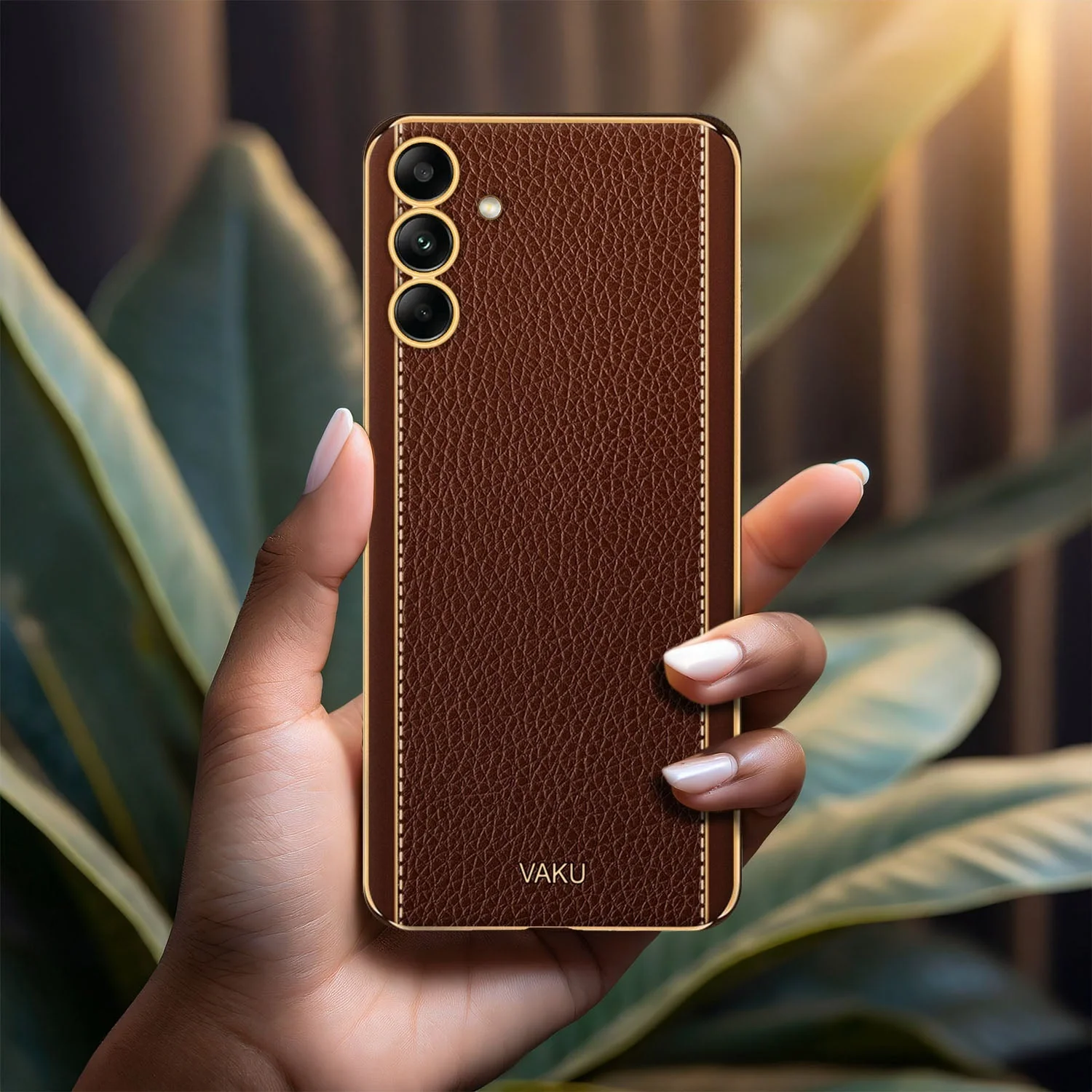Vaku® Samsung Galaxy M34 5G Luxemberg Leather Pattern Gold Electroplated Soft TPU Back Cover - Image 6