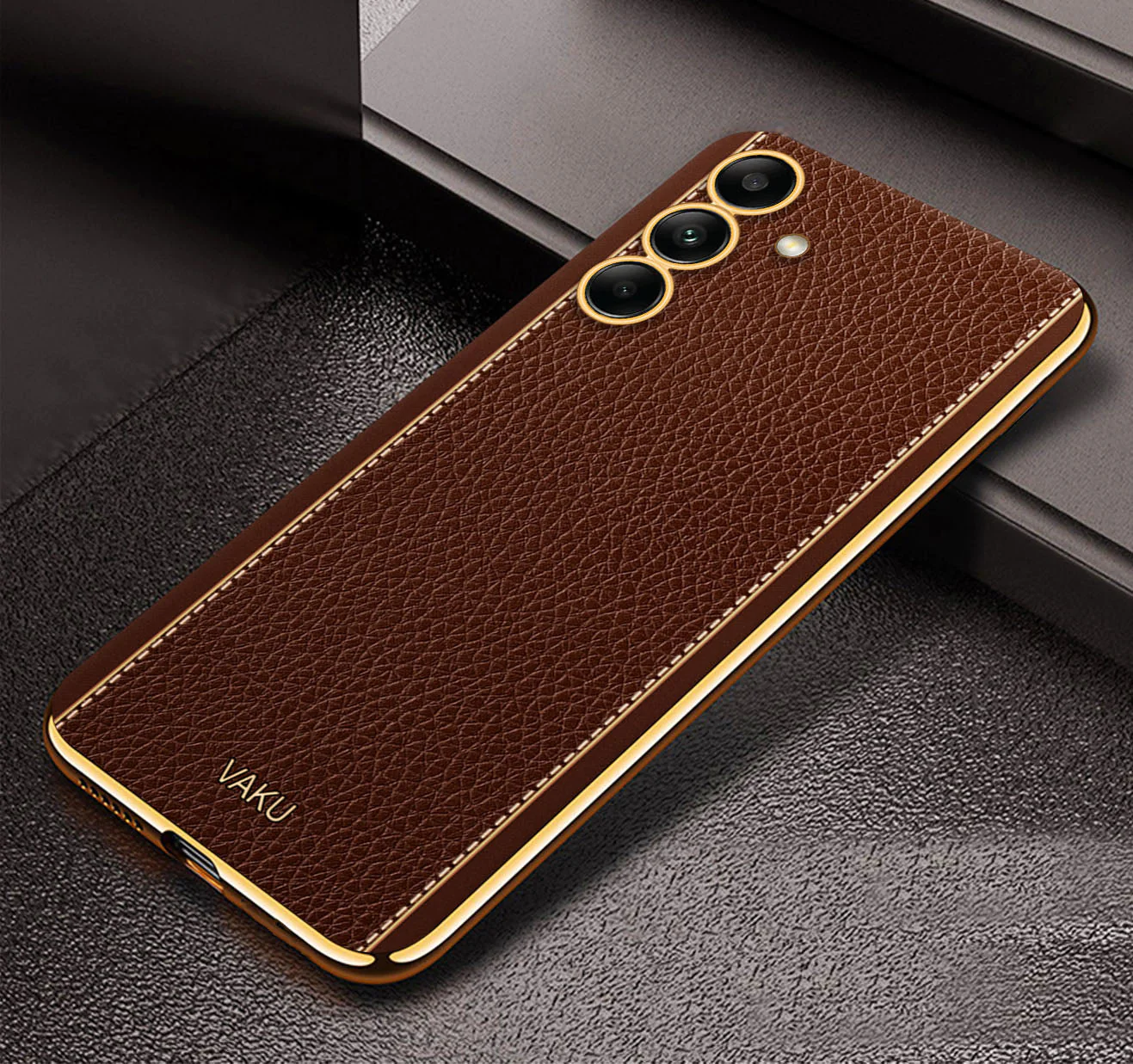 Vaku® Samsung Galaxy M34 5G Luxemberg Leather Pattern Gold Electroplated Soft TPU Back Cover - Image 9