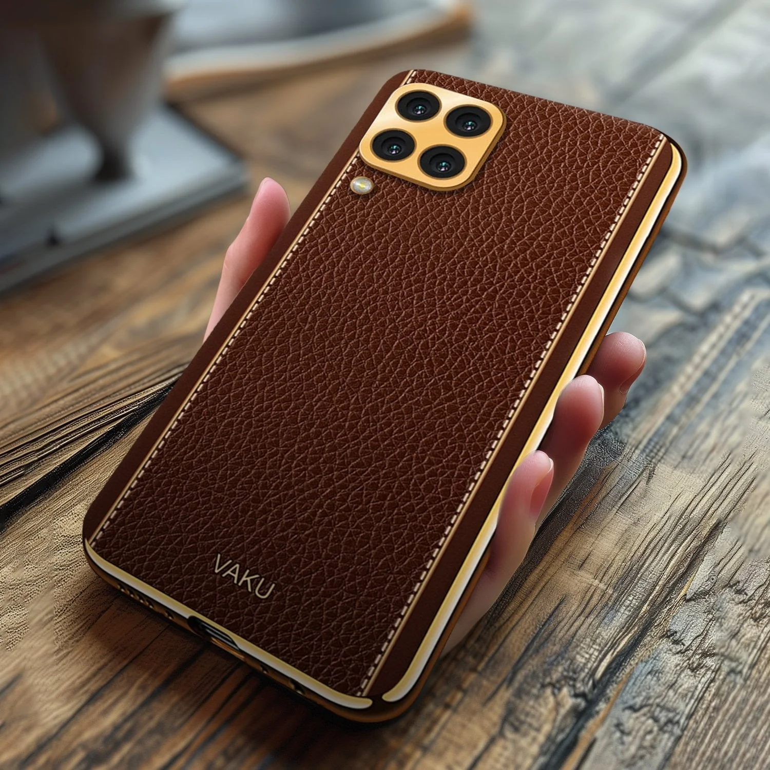 Vaku® Samsung Galaxy M53 5G Luxemberg Series Leather Stitched Gold Electroplated Soft TPU Back Cover