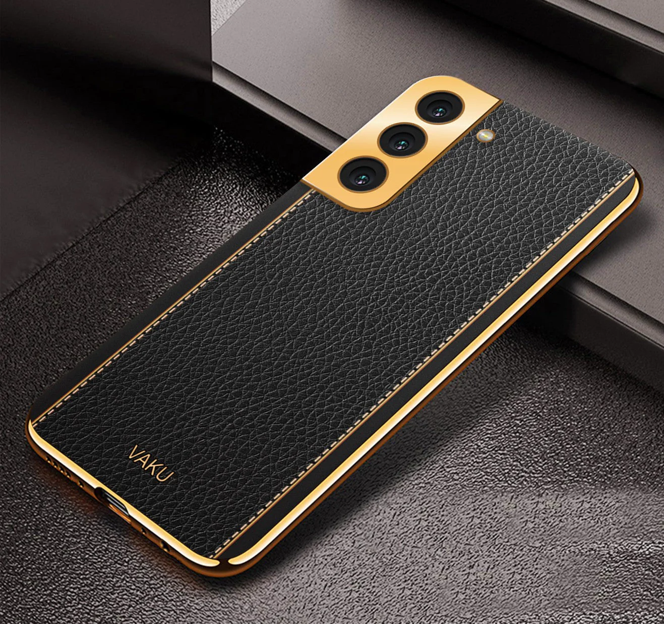 Vaku® Samsung Galaxy S22 Luxemberg Series Leather Stitched Gold Electroplated Soft TPU Back Cover - Image 2
