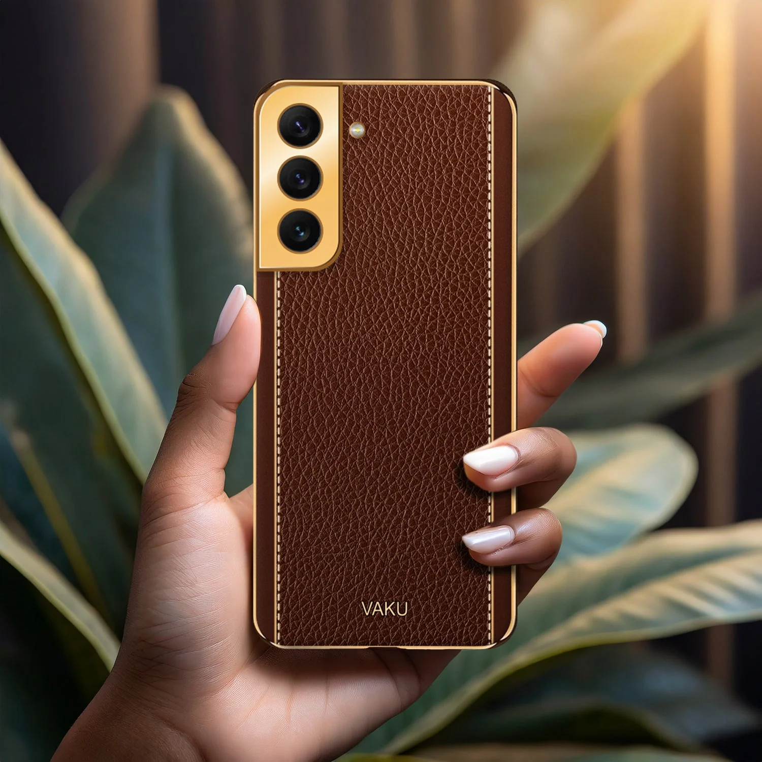 Vaku® Samsung Galaxy S22 Luxemberg Series Leather Stitched Gold Electroplated Soft TPU Back Cover - Image 3