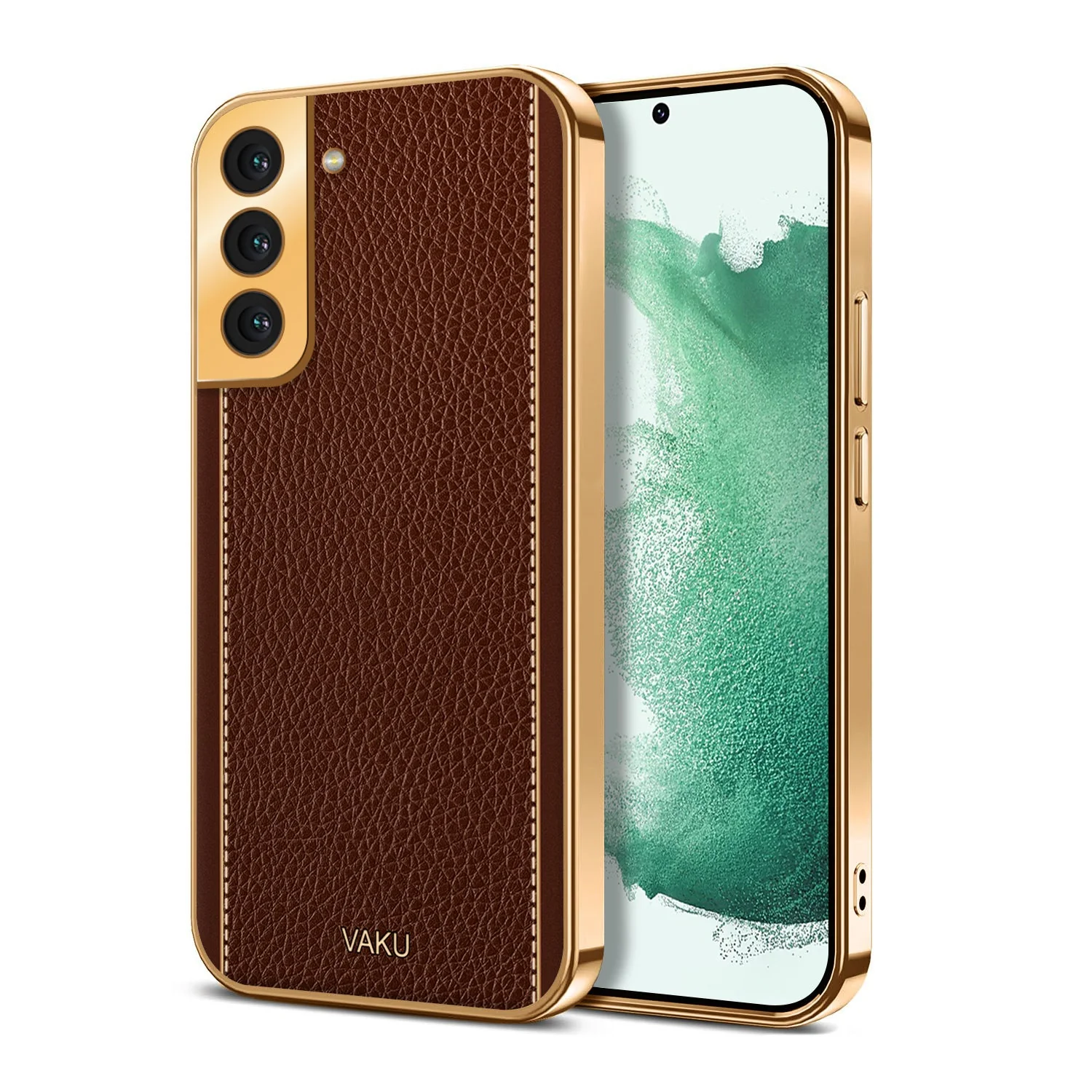Vaku® Samsung Galaxy S22 Luxemberg Series Leather Stitched Gold Electroplated Soft TPU Back Cover - Image 4