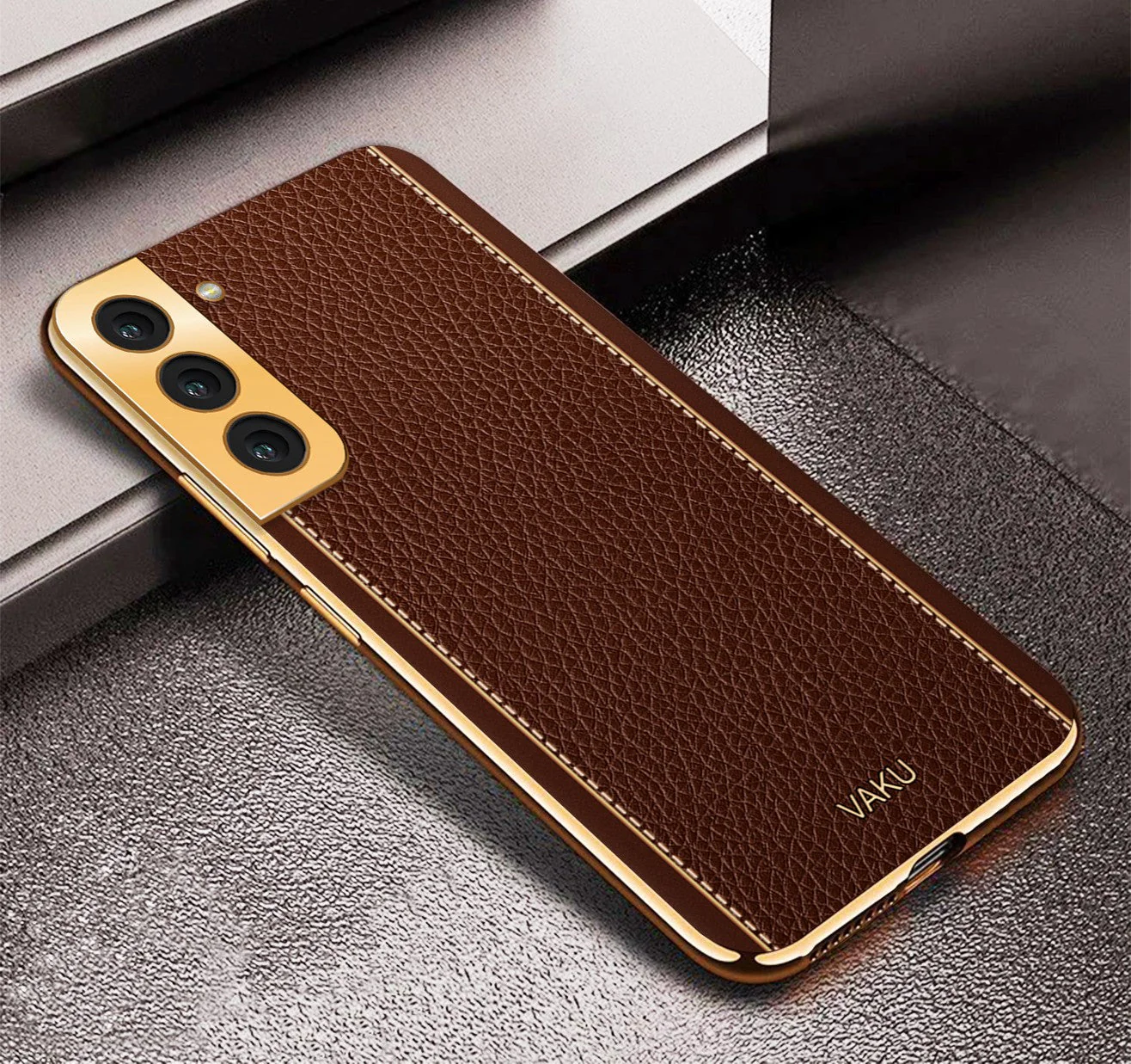 Vaku® Samsung Galaxy S22 Luxemberg Series Leather Stitched Gold Electroplated Soft TPU Back Cover - Image 7