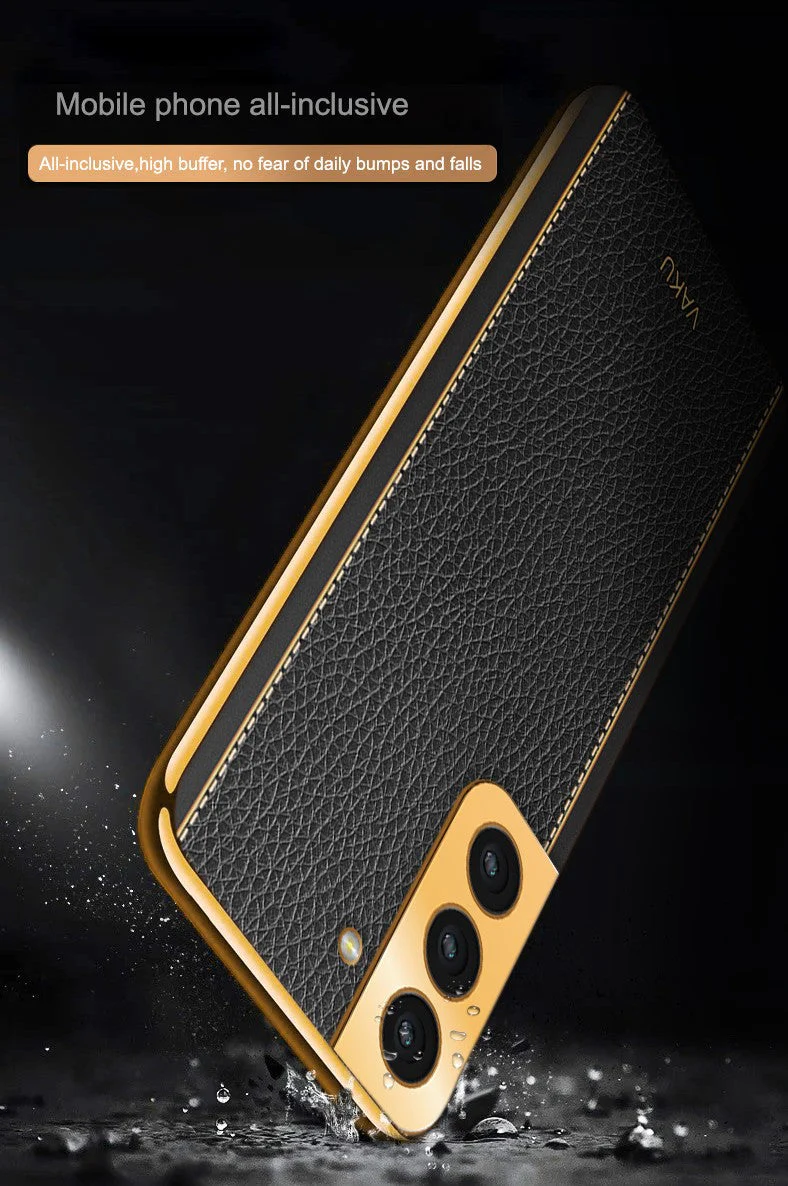 Vaku® Samsung Galaxy S22 Luxemberg Series Leather Stitched Gold Electroplated Soft TPU Back Cover - Image 8