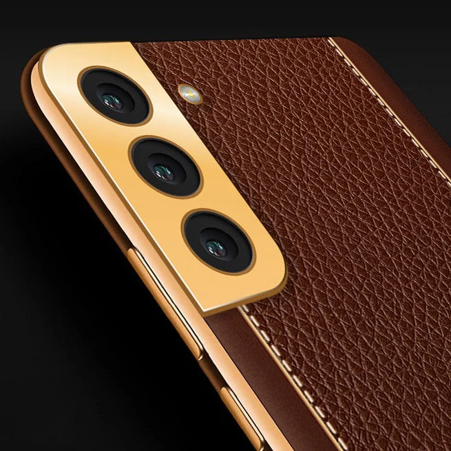 Vaku® Samsung Galaxy S22 Luxemberg Series Leather Stitched Gold Electroplated Soft TPU Back Cover - Image 9