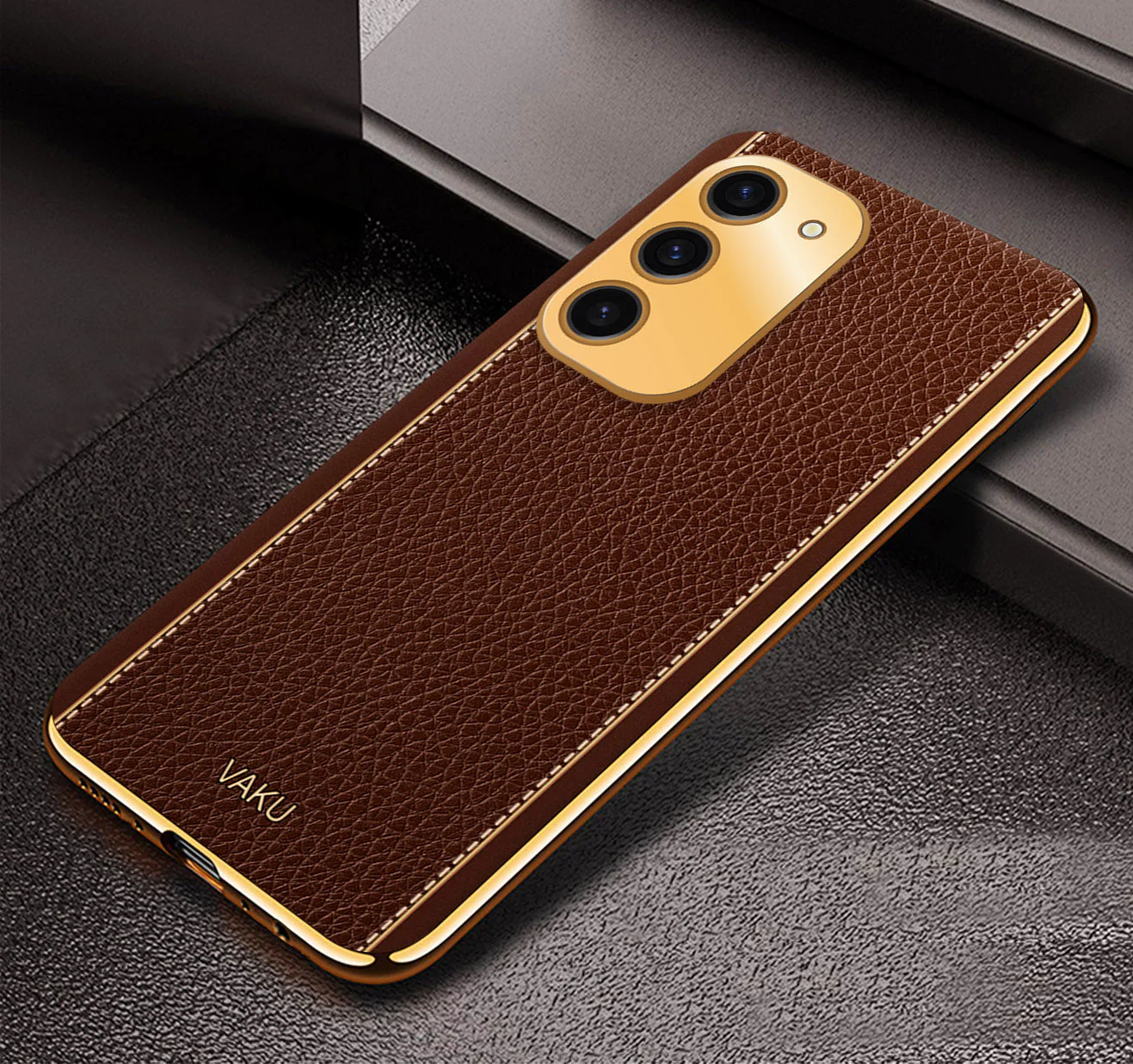 Vaku® Samsung Galaxy S23 Plus Luxemberg Series Leather Stitched Gold Electroplated Soft TPU Back Cover