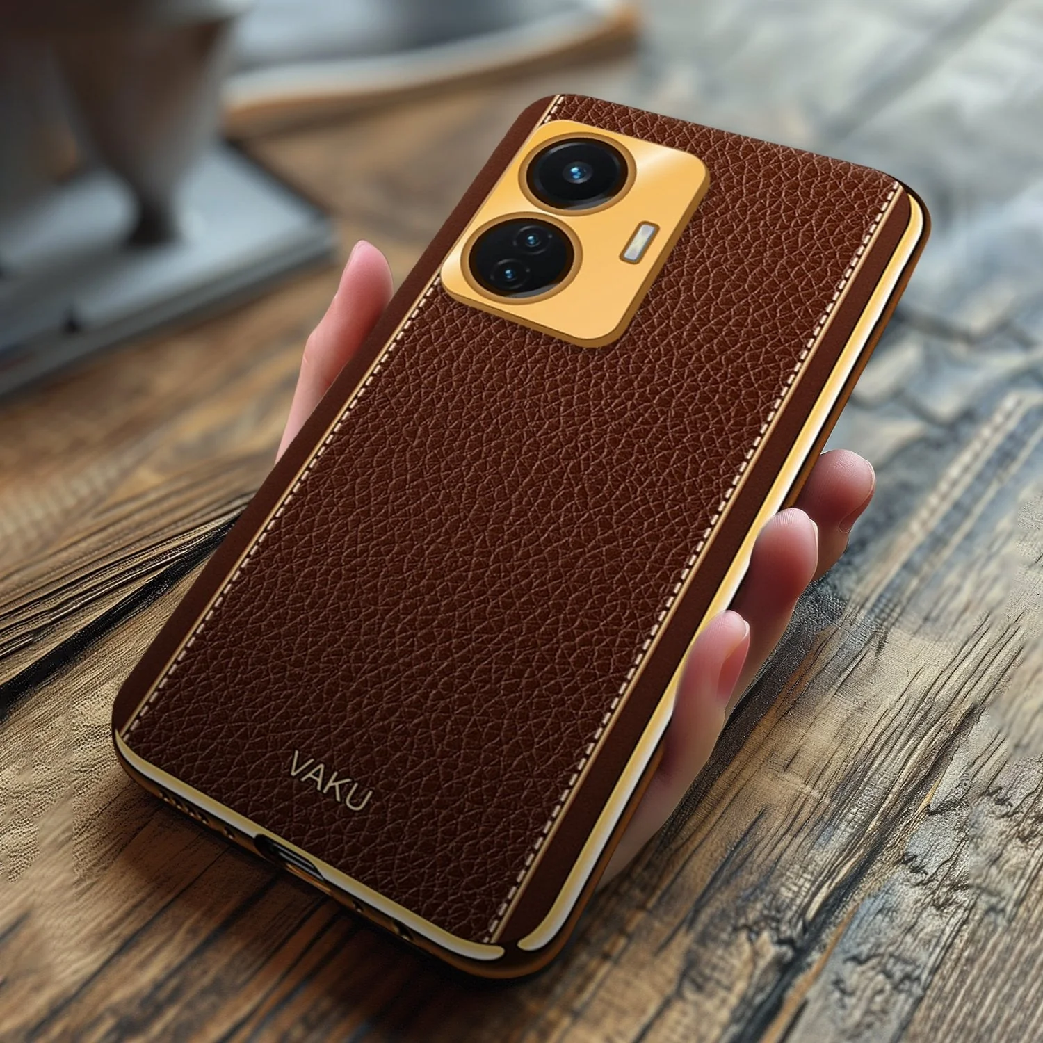 Vaku® Vivo T1 4G Luxemberg Series Leather Stitched Gold Electroplated Soft TPU Back Cover