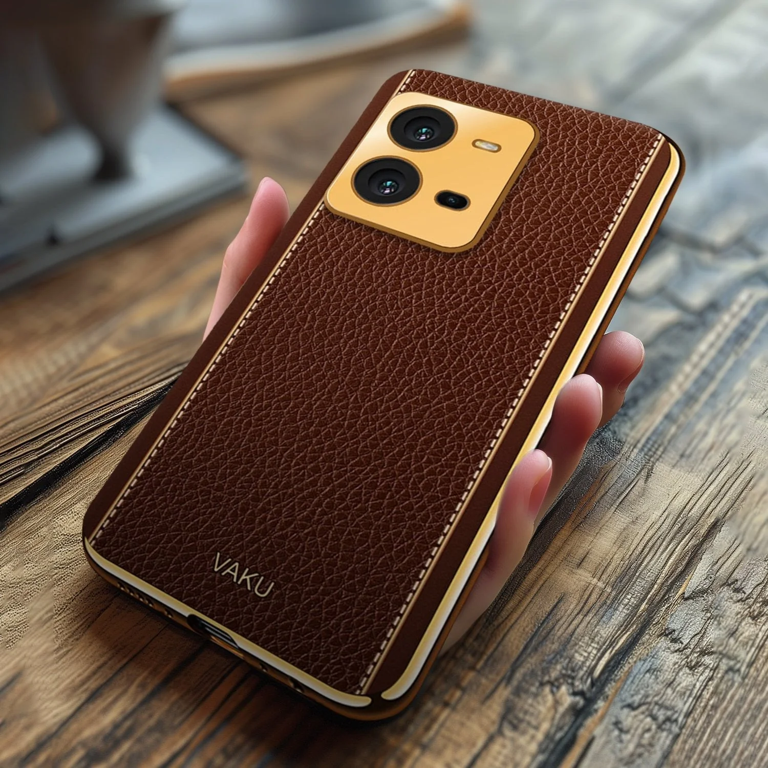 Vaku® Vivo V25 Luxemberg Series Leather Stitched Gold Electroplated Soft TPU Back Cover