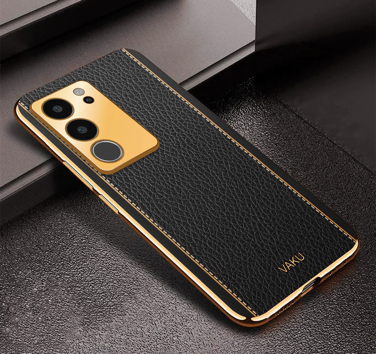 Vaku® Vivo V29 5G Luxemberg Leather Pattern Gold Electroplated Soft TPU Back Cover - Image 15