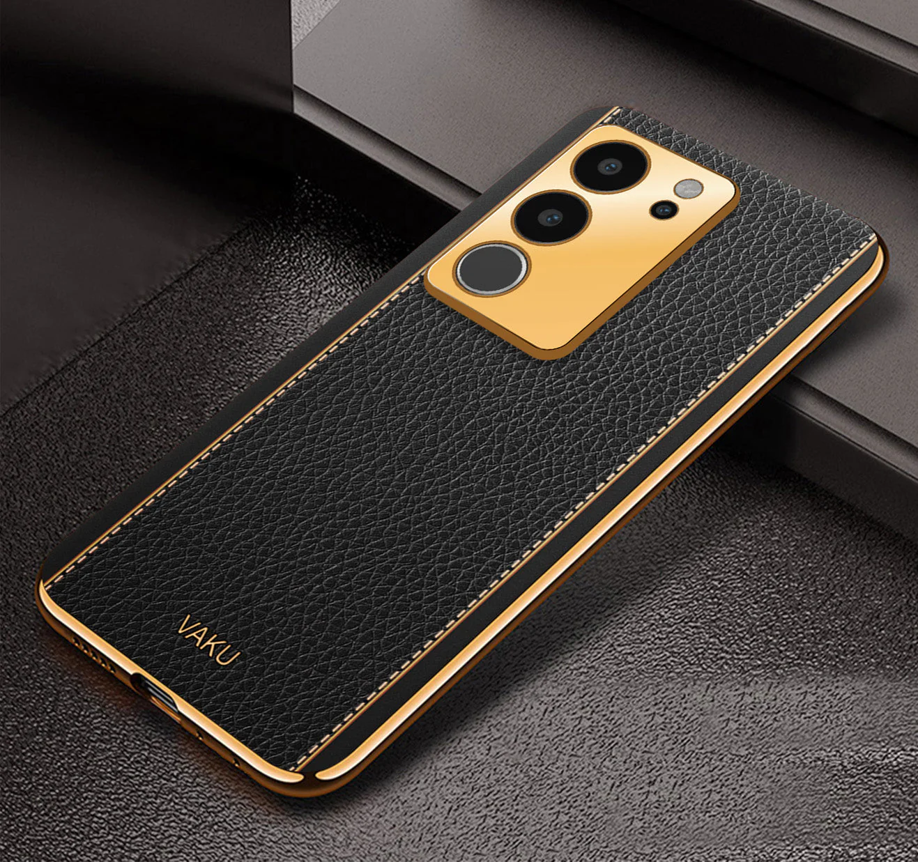 Vaku® Vivo V29 5G Luxemberg Leather Pattern Gold Electroplated Soft TPU Back Cover - Image 16