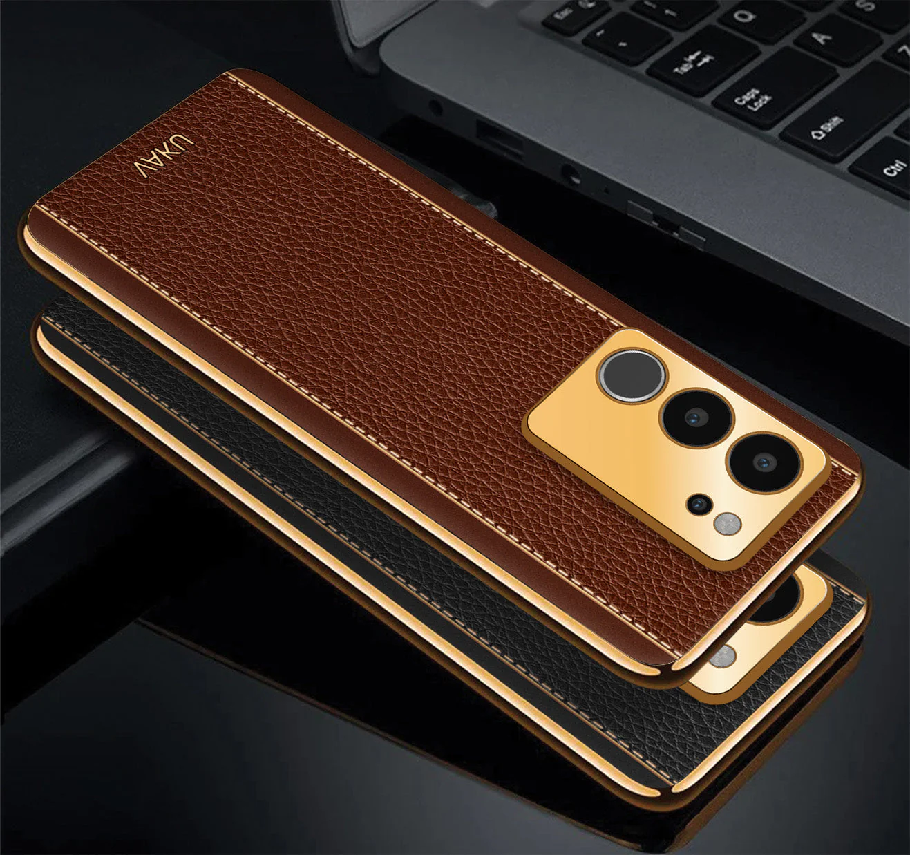 Vaku® Vivo V29 5G Luxemberg Leather Pattern Gold Electroplated Soft TPU Back Cover - Image 6