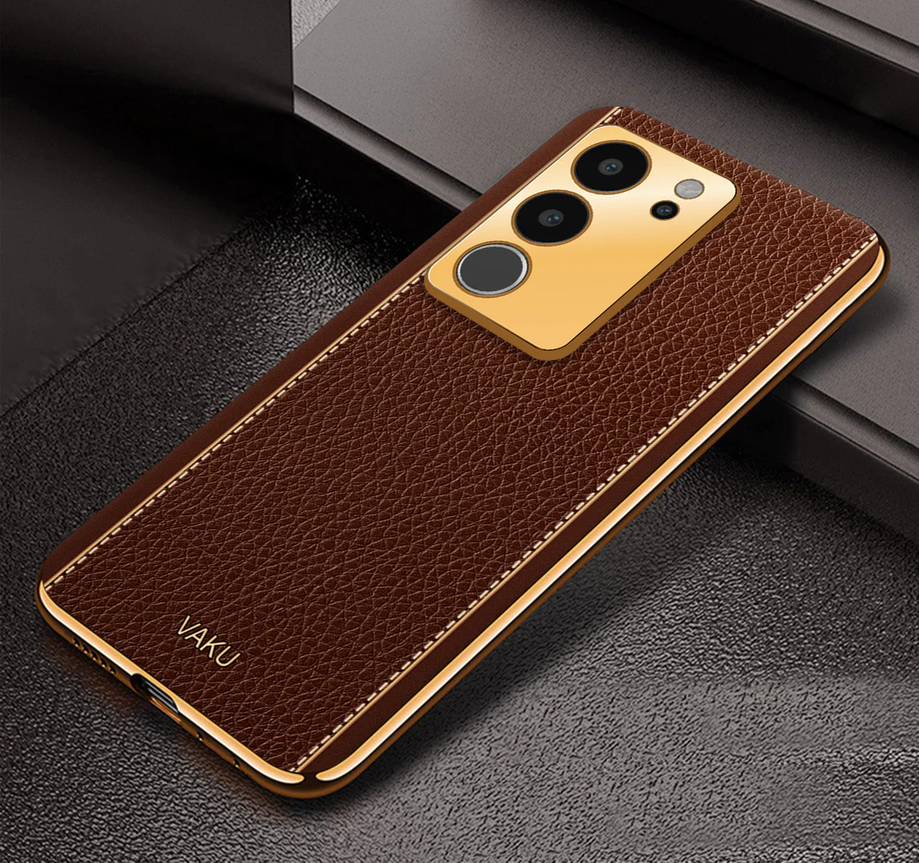 Vaku® Vivo V29 5G Luxemberg Leather Pattern Gold Electroplated Soft TPU Back Cover - Image 8