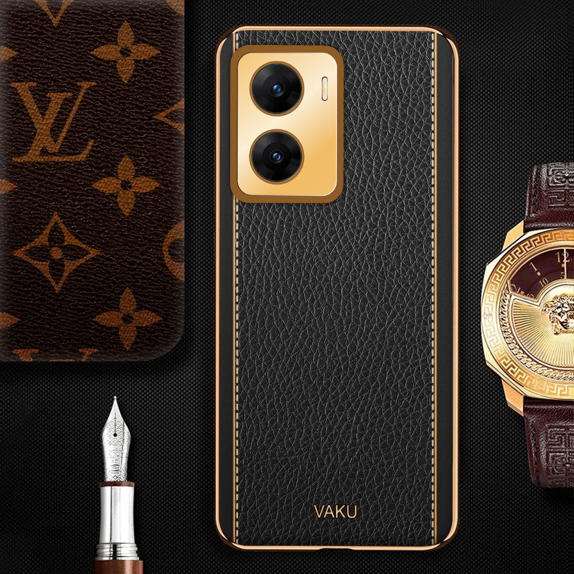 Vaku® Vivo V29e 5G Luxemberg Leather Pattern Gold Electroplated Soft TPU Back Cover - Image 11