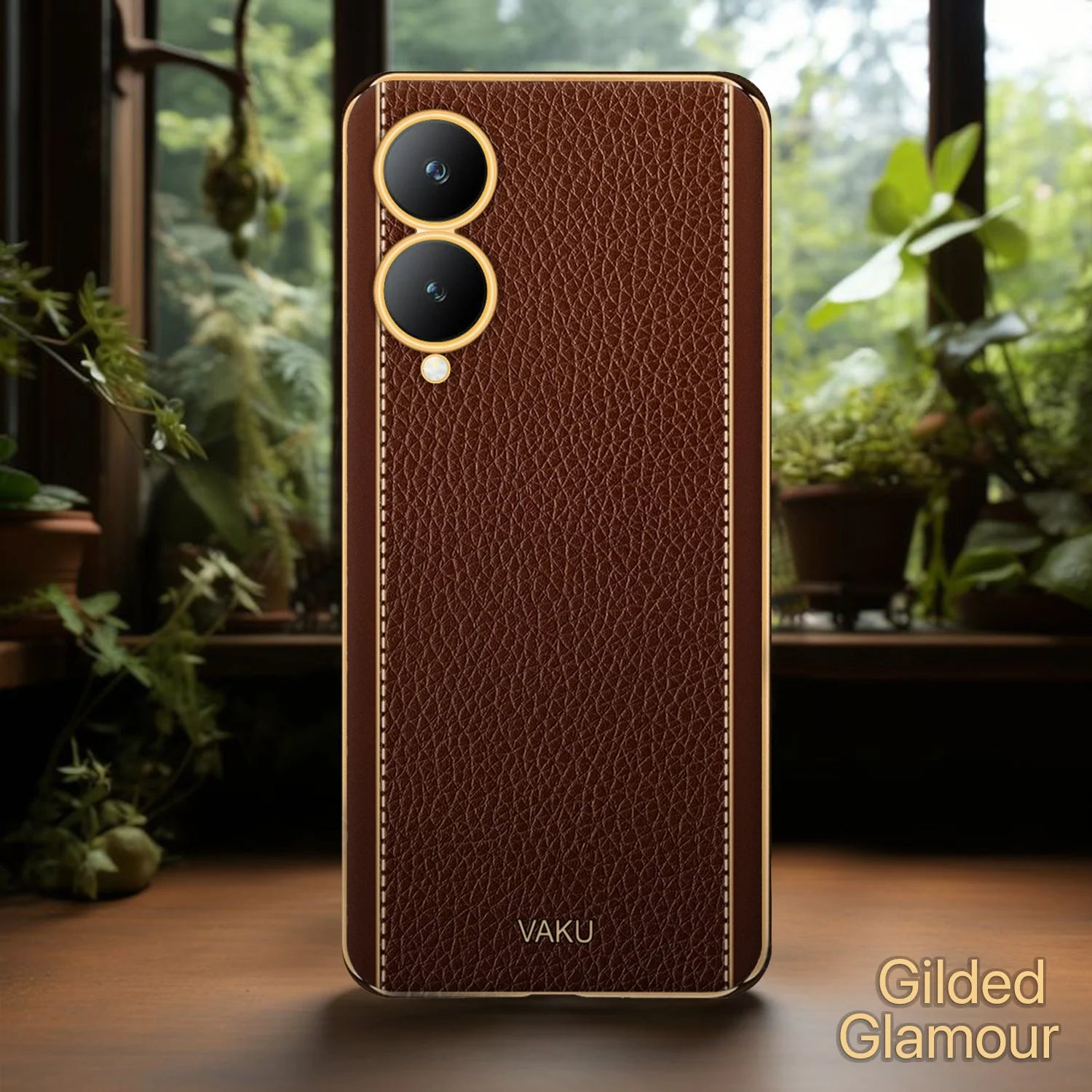 Vaku® Vivo Y17s Luxemberg Leather Stitched Gold Electroplated Soft TPU Back Cover Case - Image 5