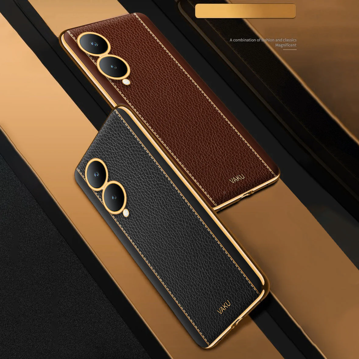 Vaku® Vivo Y17s Luxemberg Leather Stitched Gold Electroplated Soft TPU Back Cover Case - Image 7