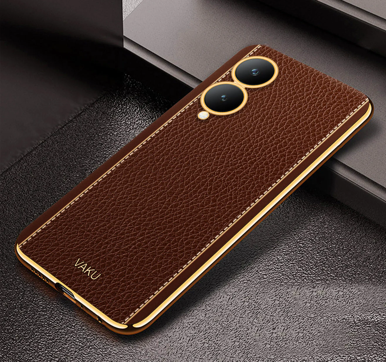 Vaku® Vivo Y17s Luxemberg Leather Stitched Gold Electroplated Soft TPU Back Cover Case - Image 9